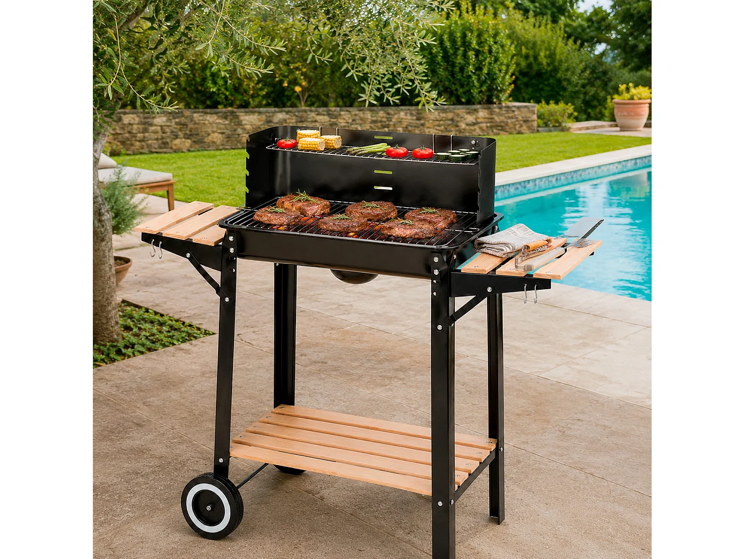Barbecue A Carbone Con Griglia E Paravento Antivento Ripiani Laterali Legno Ganci Porta Utensili E Ruote Ideale Giardino Campeggio 94 x 40 x 84 Cm Nero