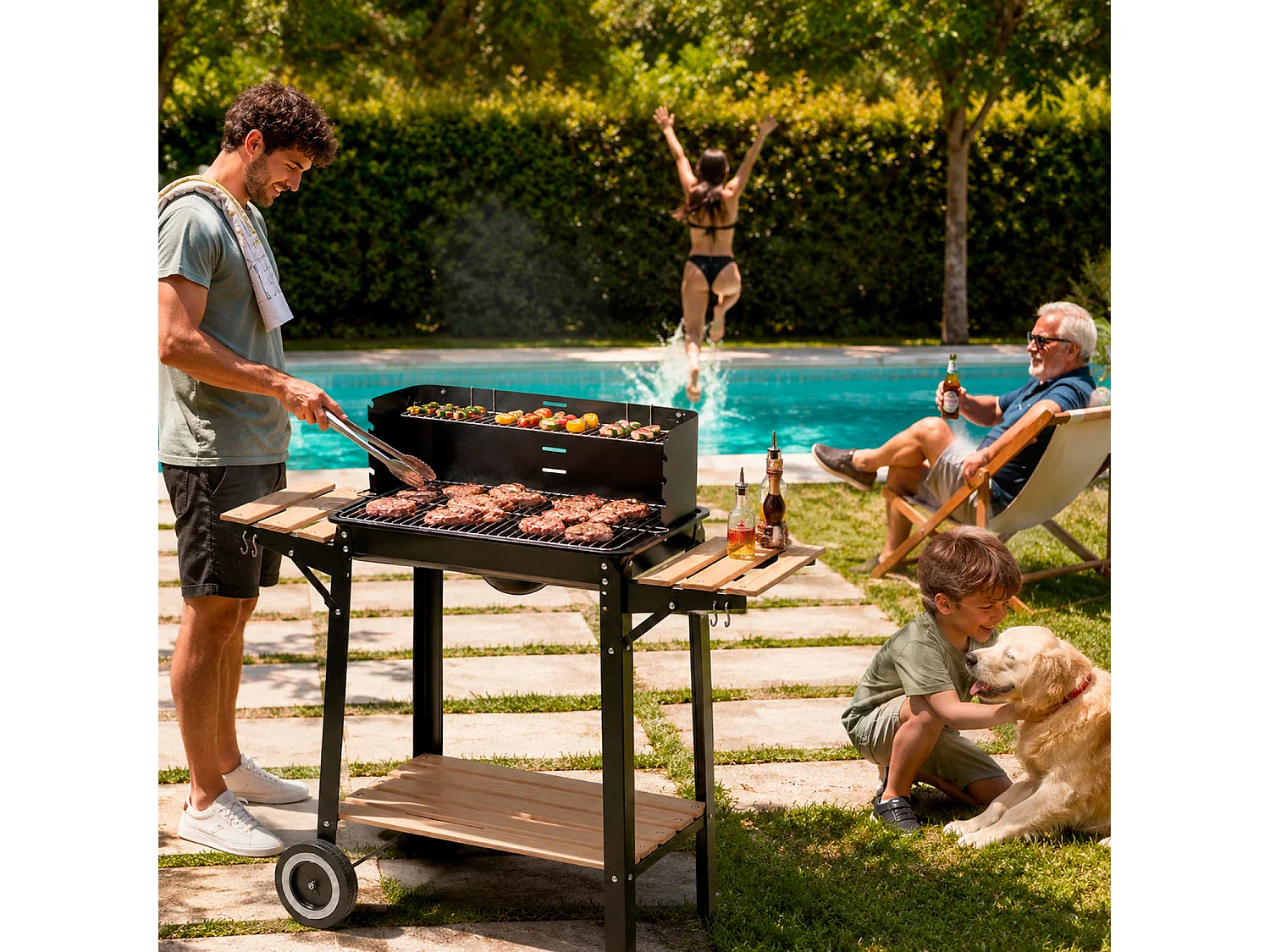 Barbecue A Carbone Con Griglia E Paravento Antivento Ripiani Laterali Legno Ganci Porta Utensili E Ruote Ideale Giardino Campeggio 94 x 40 x 84 Cm Nero