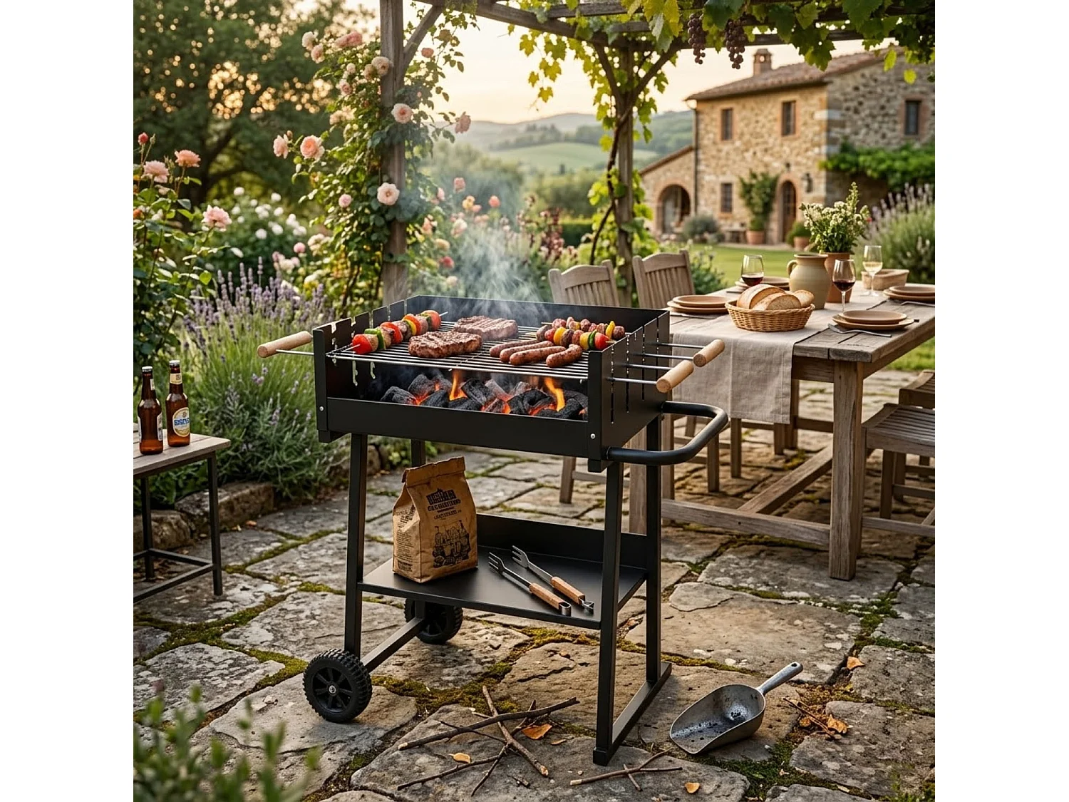 Barbecue Da Giardino Con Griglia Regolabile In Altezza Struttura Resistente In Acciaio Verniciato E Ripiano Porta Accessori Per Eventi Outdoor 87 x 52 x 90 Cm Nero