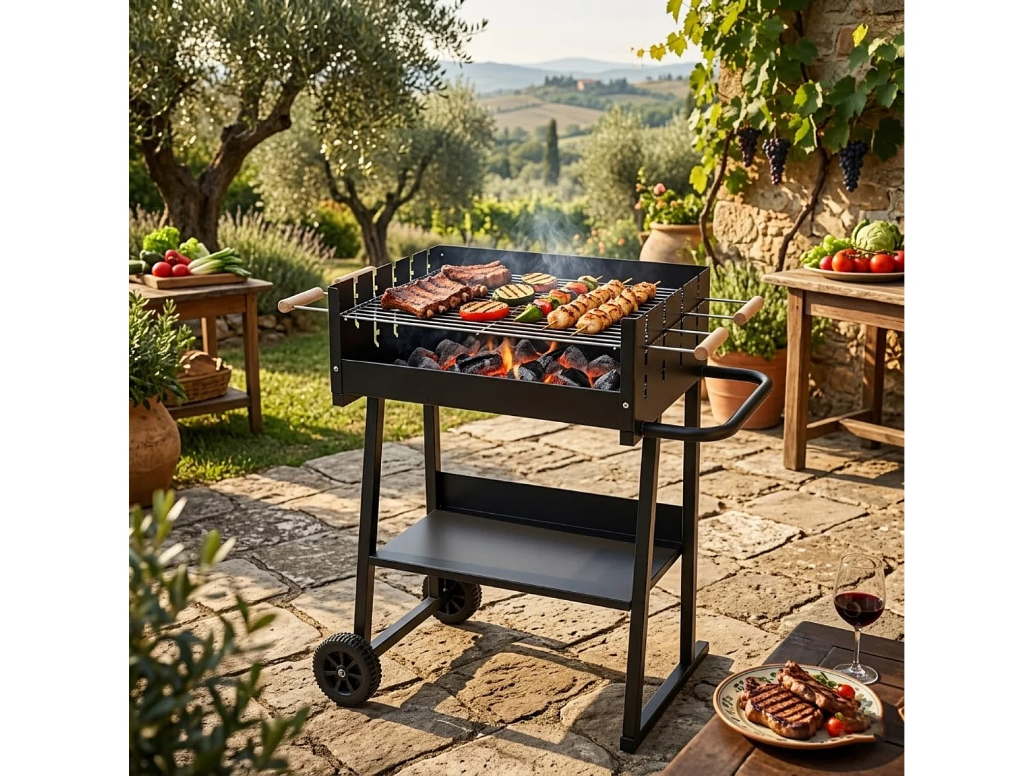 Barbecue Da Giardino Con Griglia Regolabile In Altezza Struttura Resistente In Acciaio Verniciato E Ripiano Porta Accessori Per Eventi Outdoor 87 x 52 x 90 Cm Nero
