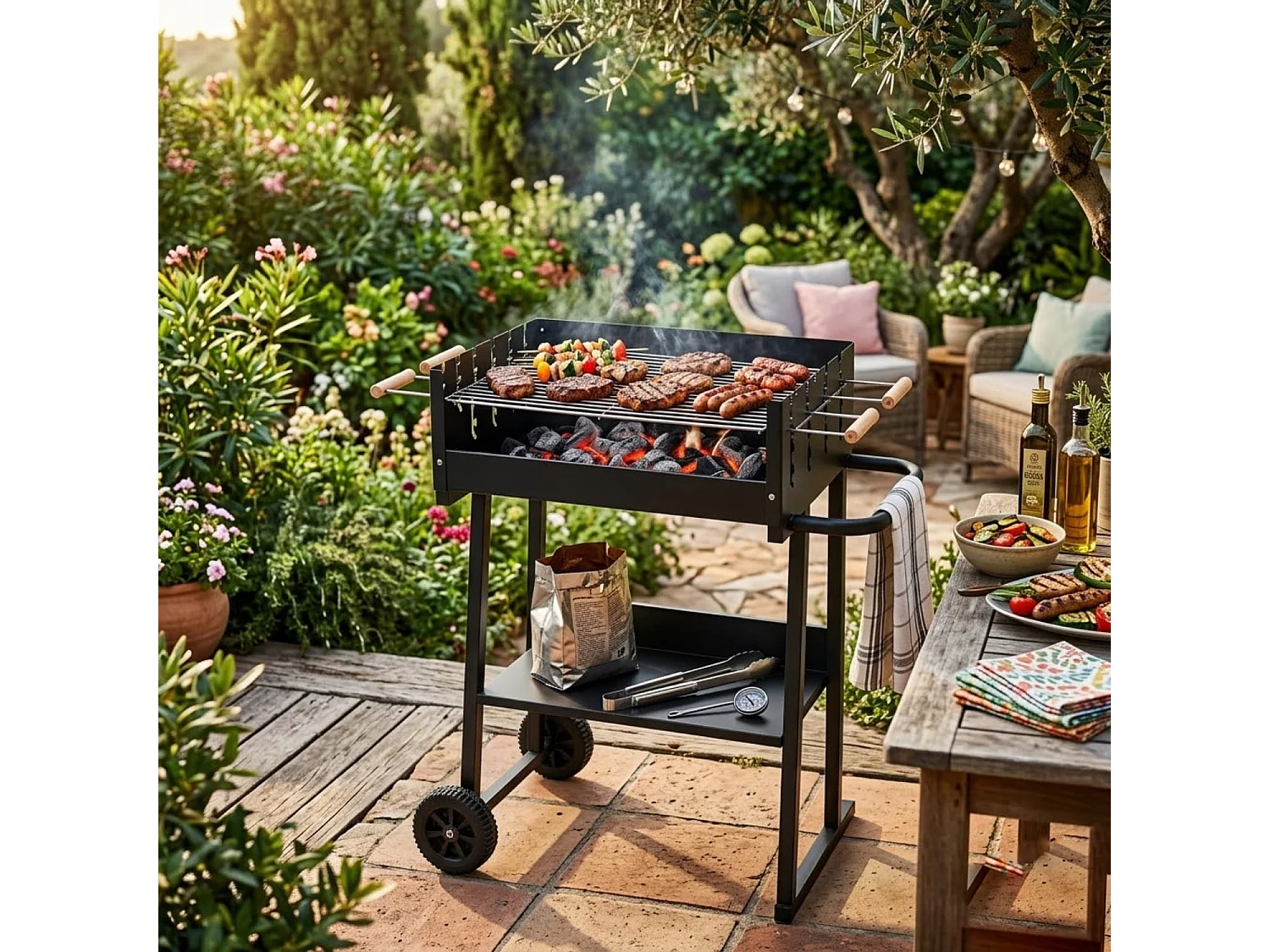 Barbecue Da Giardino Con Griglia Regolabile In Altezza Struttura Resistente In Acciaio Verniciato E Ripiano Porta Accessori Per Eventi Outdoor 87 x 52 x 90 Cm Nero