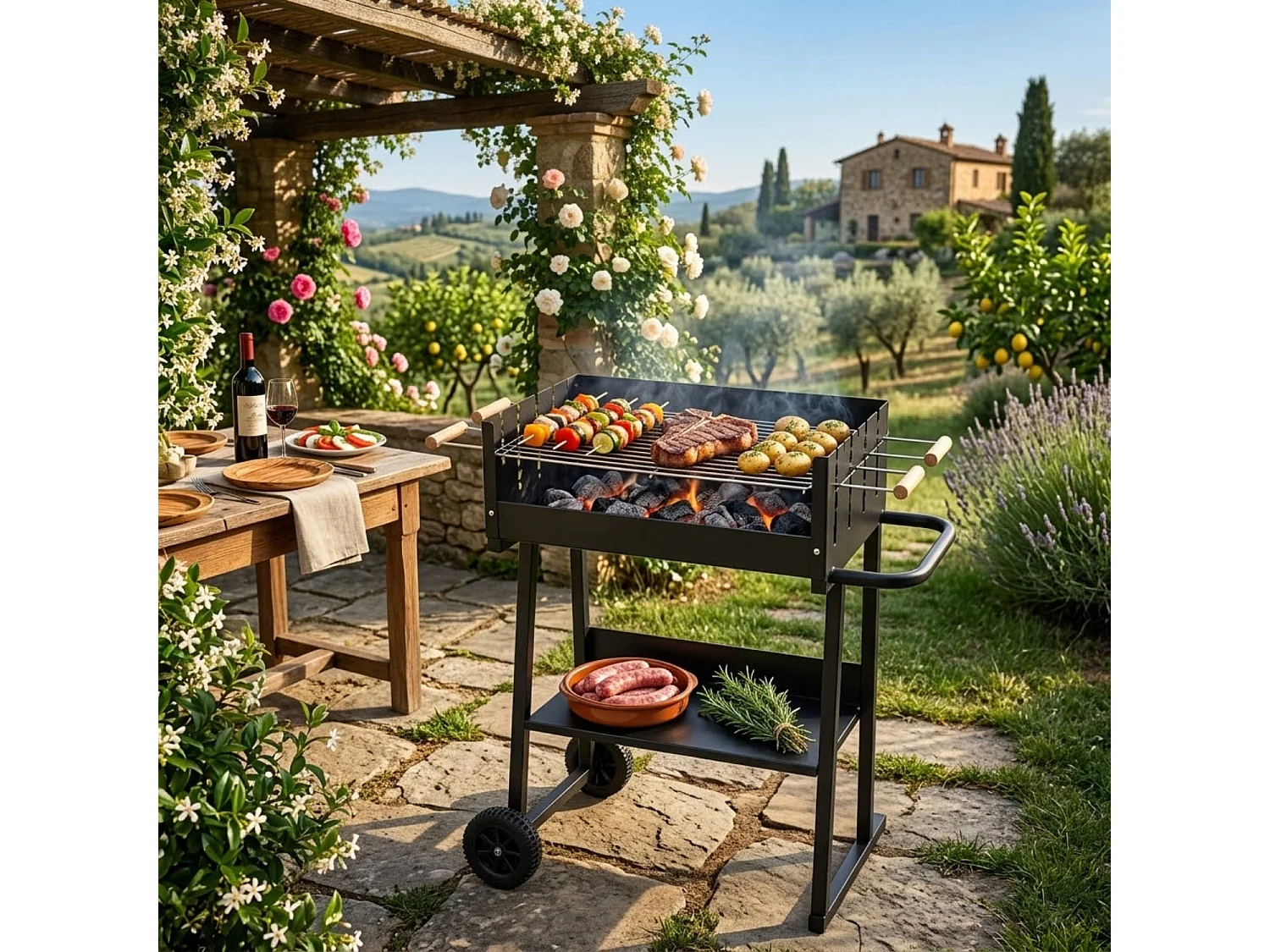Barbecue Da Giardino Con Griglia Regolabile In Altezza Struttura Resistente In Acciaio Verniciato E Ripiano Porta Accessori Per Eventi Outdoor 87 x 52 x 90 Cm Nero
