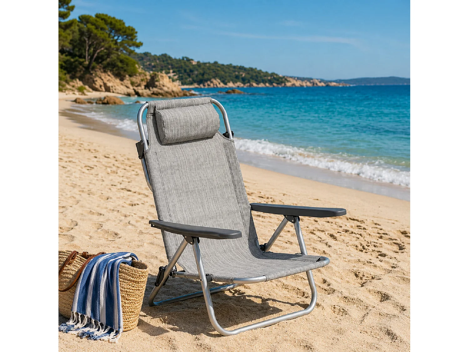 Spiaggina Pieghevole Sedia Sdraio Reclinabile Poggiatesta Imbottito Struttura In Alluminio E Textilene Traspirante Convertibile In Lettino 48.5 x 60 x 80 Grigio