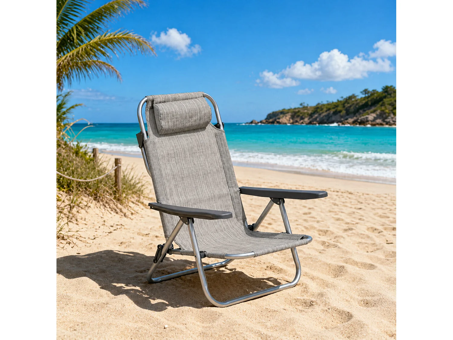 Spiaggina Pieghevole Sedia Sdraio Reclinabile Poggiatesta Imbottito Struttura In Alluminio E Textilene Traspirante Convertibile In Lettino 48.5 x 60 x 80 Grigio