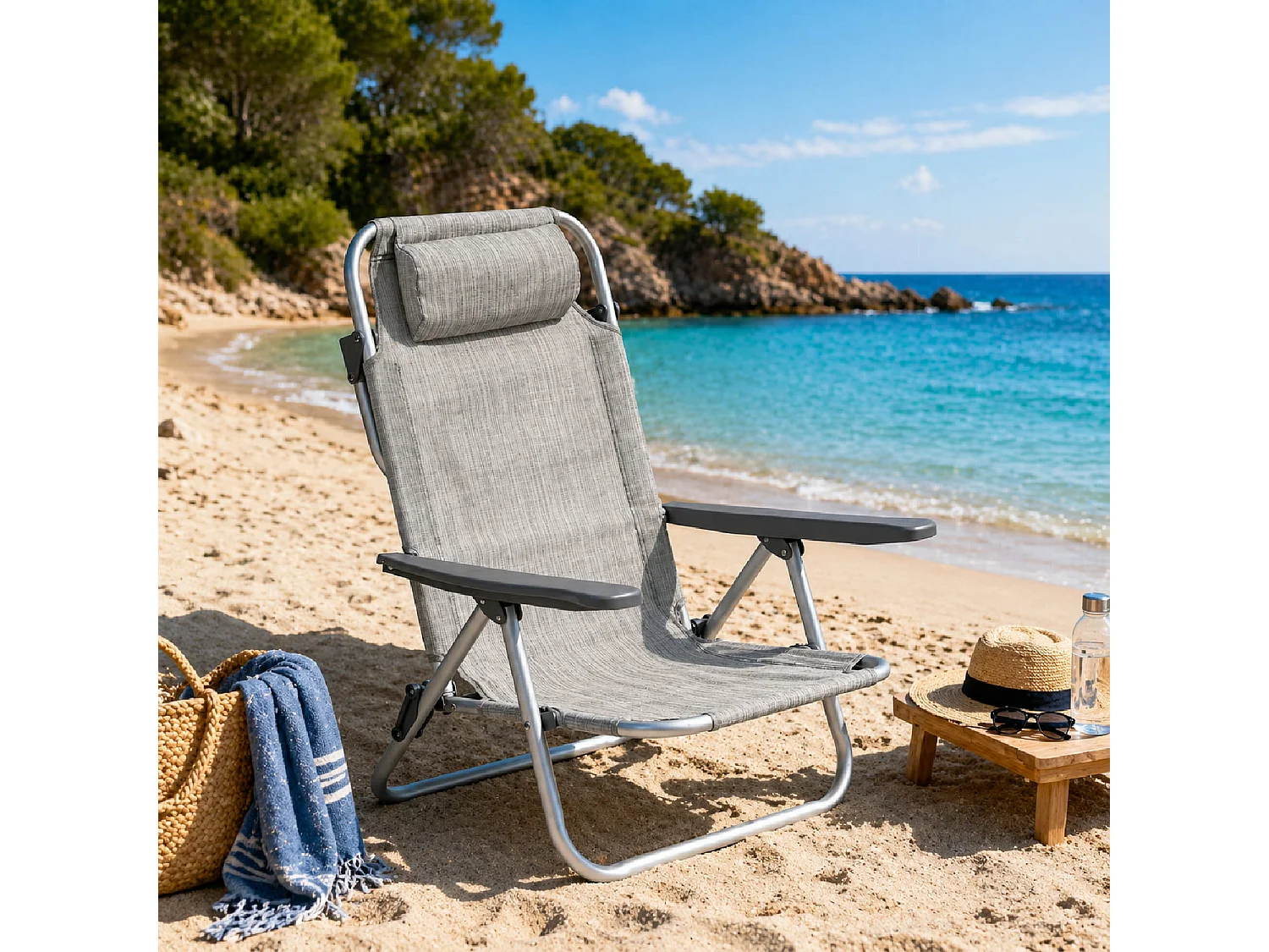 Spiaggina Pieghevole Sedia Sdraio Reclinabile Poggiatesta Imbottito Struttura In Alluminio E Textilene Traspirante Convertibile In Lettino 48.5 x 60 x 80 Grigio