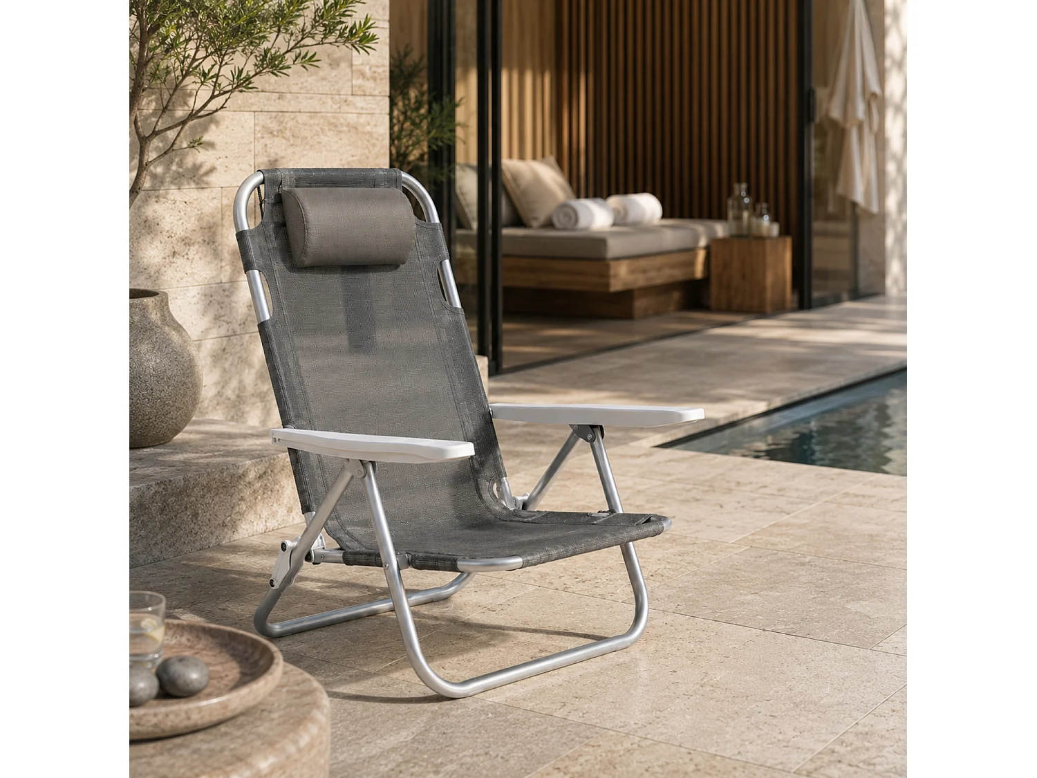Spiaggina Pieghevole Sedia Sdraio Reclinabile Poggiatesta Imbottito Struttura In Alluminio E Textilene Traspirante Convertibile In Lettino 48.5 x 60 x 80 Grigio