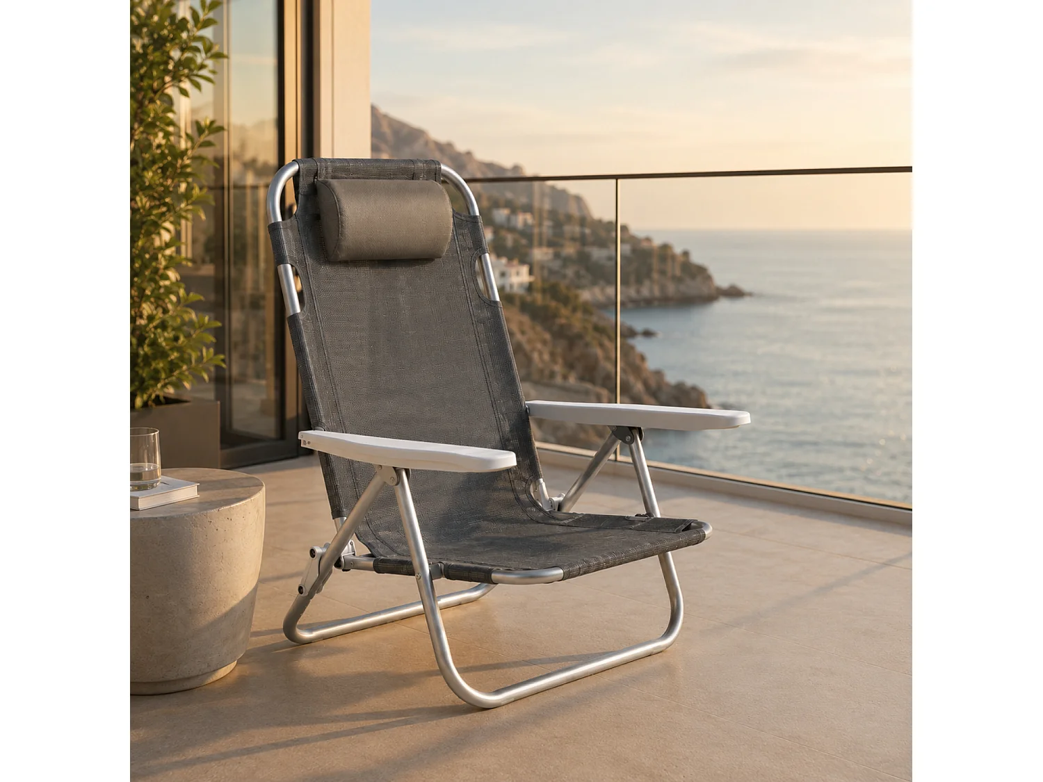 Spiaggina Pieghevole Sedia Sdraio Reclinabile Poggiatesta Imbottito Struttura In Alluminio E Textilene Traspirante Convertibile In Lettino 48.5 x 60 x 80 Grigio