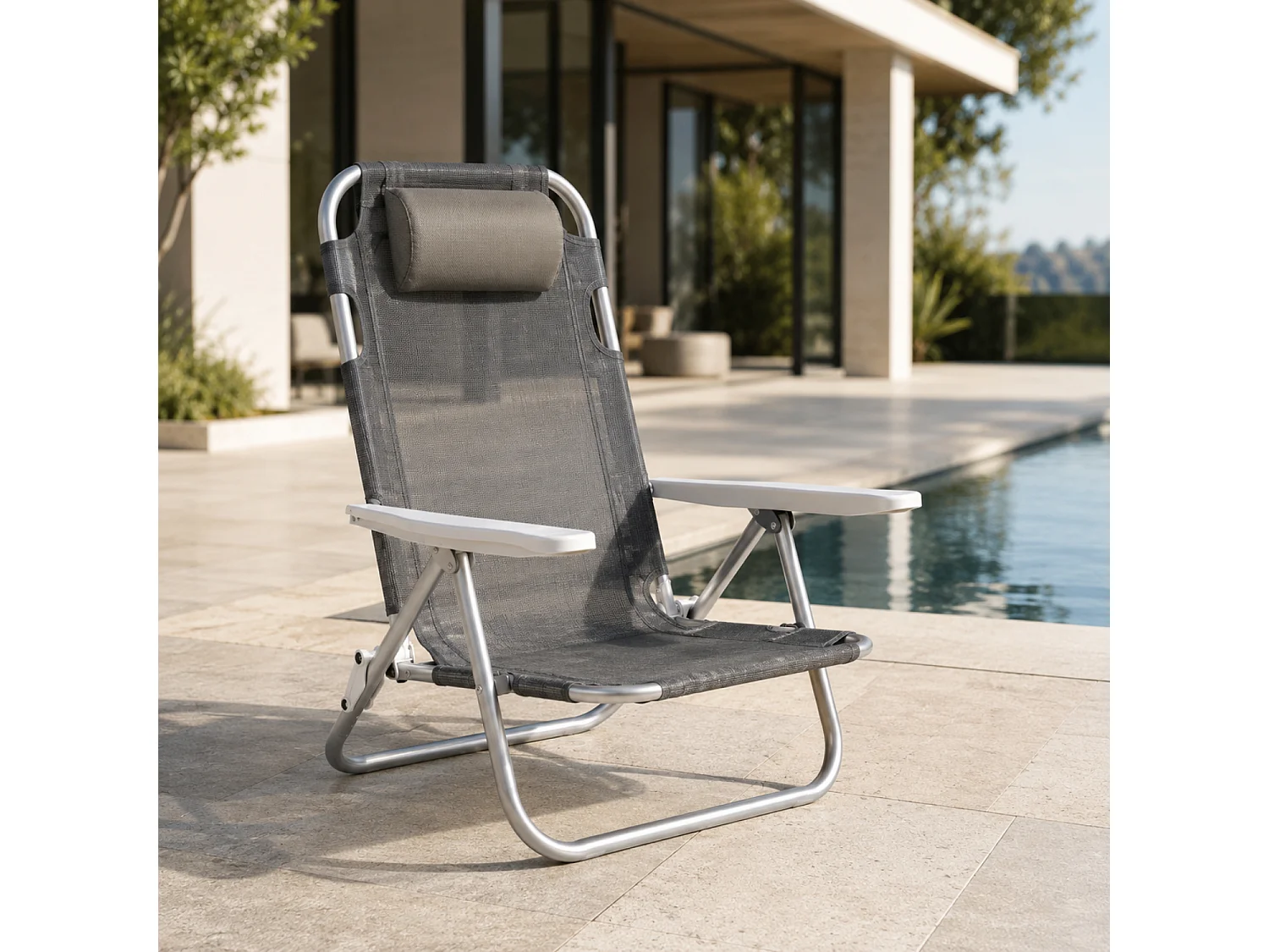 Spiaggina Pieghevole Sedia Sdraio Reclinabile Poggiatesta Imbottito Struttura In Alluminio E Textilene Traspirante Convertibile In Lettino 48.5 x 60 x 80 Grigio