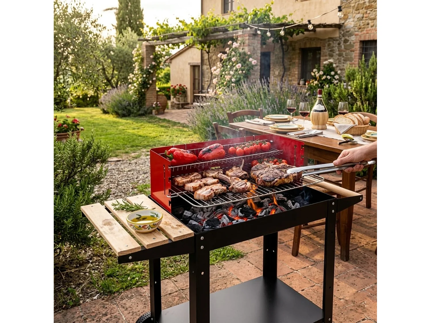 Barbecue Per Outdoor Cooking Con Griglia Regolabile Accessori Inclusi Ripiano Laterale Mensola Porta Accessori Ruote E Scaldavivande 86 x 40.5 x 81 Cm Nero