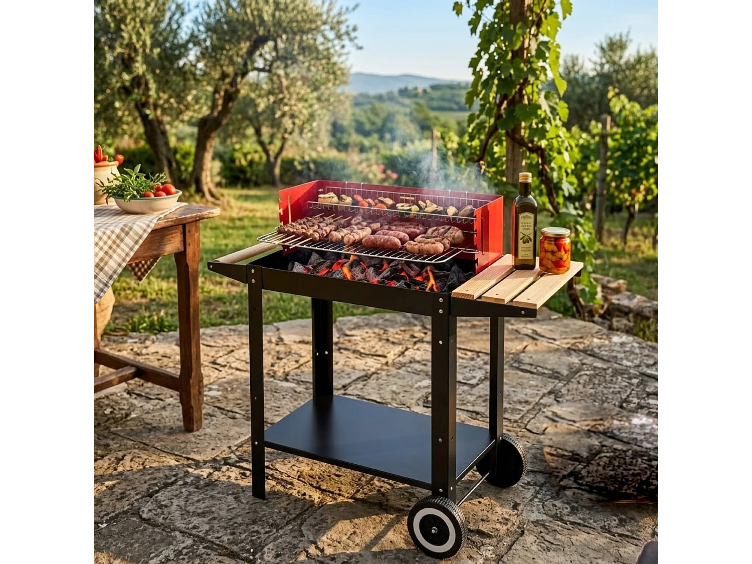 Barbecue Per Outdoor Cooking Con Griglia Regolabile Accessori Inclusi Ripiano Laterale Mensola Porta Accessori Ruote E Scaldavivande 86 x 40.5 x 81 Cm Nero