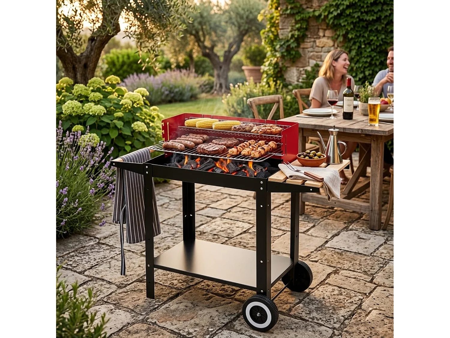 Barbecue Per Outdoor Cooking Con Griglia Regolabile Accessori Inclusi Ripiano Laterale Mensola Porta Accessori Ruote E Scaldavivande 86 x 40.5 x 81 Cm Nero