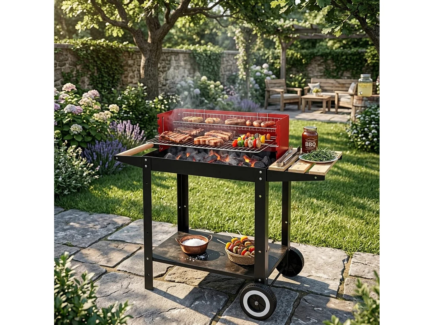 Barbecue Per Outdoor Cooking Con Griglia Regolabile Accessori Inclusi Ripiano Laterale Mensola Porta Accessori Ruote E Scaldavivande 86 x 40.5 x 81 Cm Nero