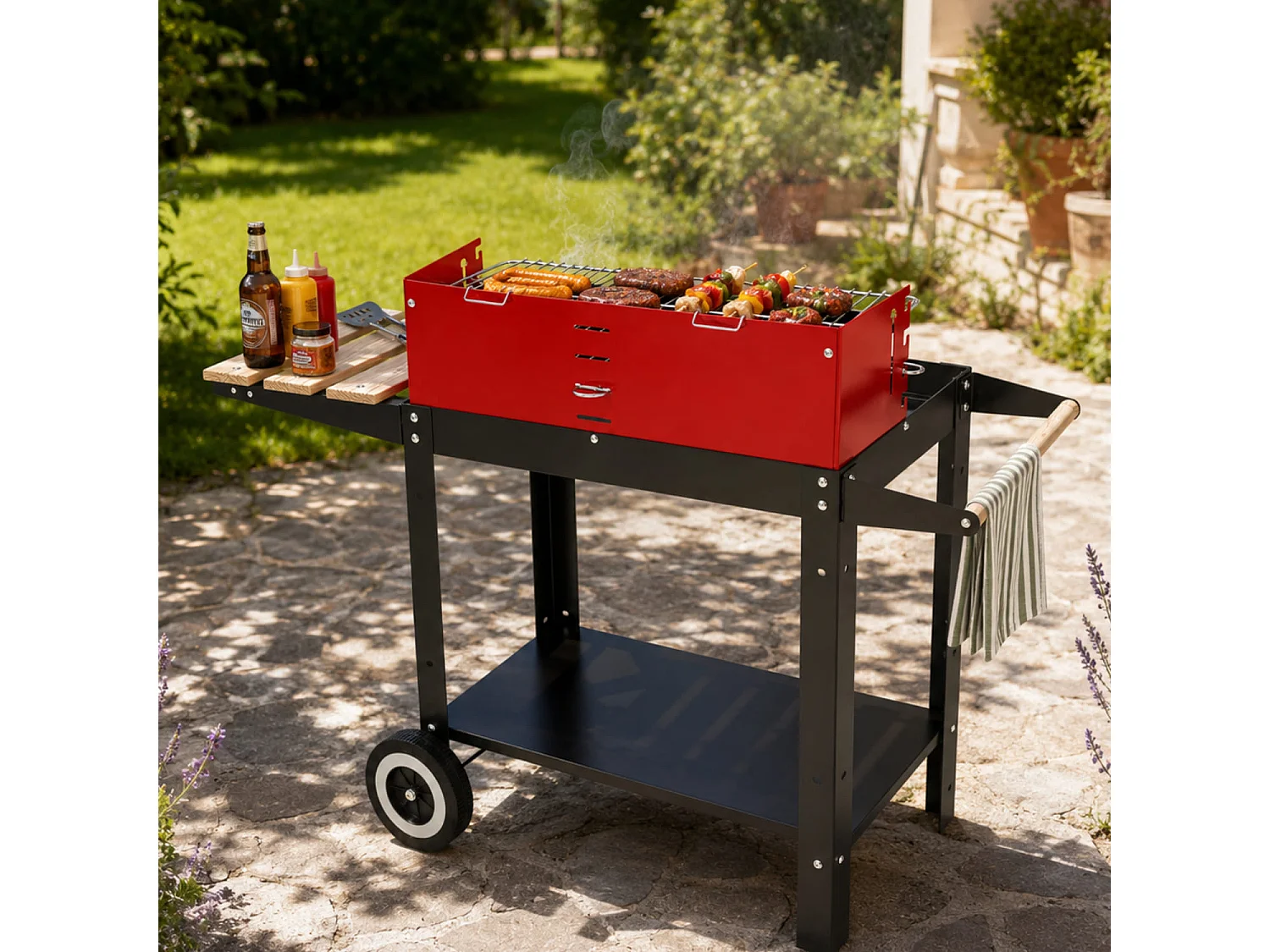 Barbecue Per Outdoor Cooking Con Griglia Regolabile Accessori Inclusi Ripiano Laterale Mensola Porta Accessori Ruote E Scaldavivande 86 x 40.5 x 81 Cm Nero