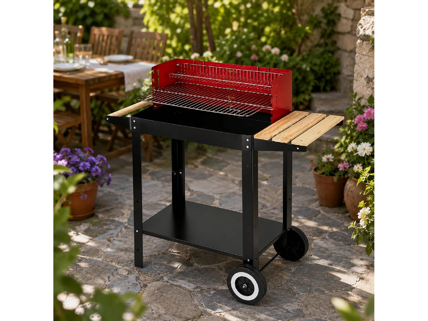 Barbecue Per Outdoor Cooking Con Griglia Regolabile Accessori Inclusi Ripiano Laterale Mensola Porta Accessori Ruote E Scaldavivande 86 x 40.5 x 81 Cm Nero