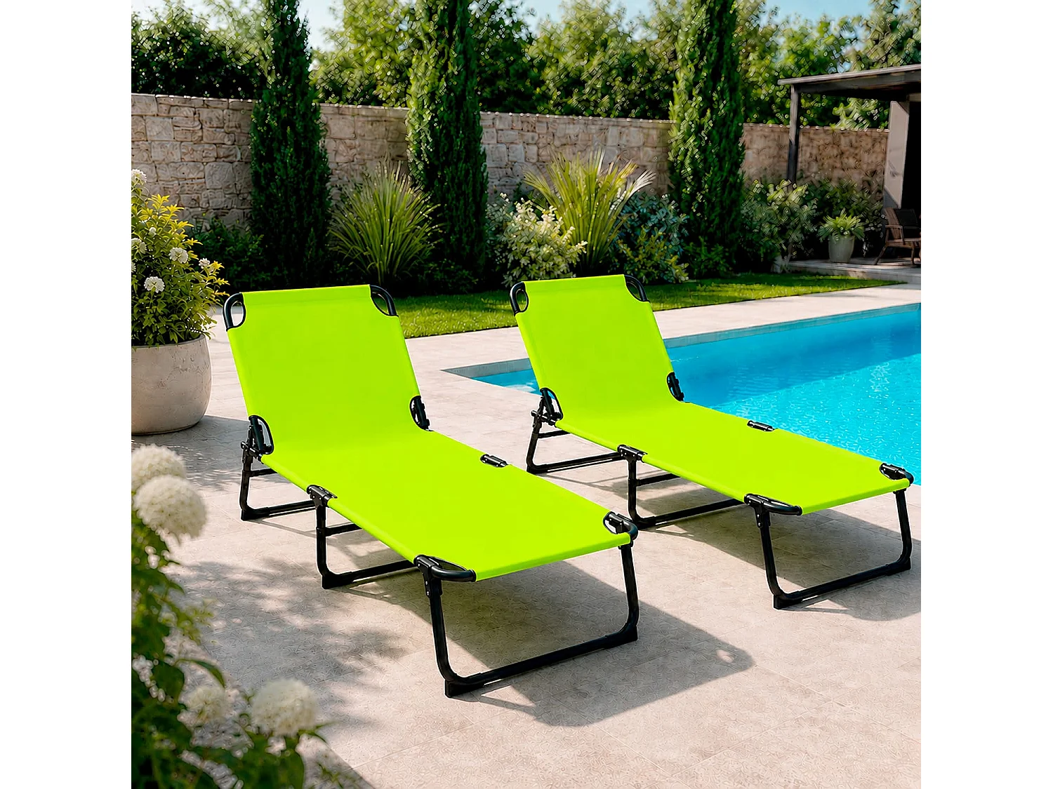 Coppia Di Lettini Pieghevoli Senza Tettuccio Parasole Schienale Reclinabile Struttura Metallo Nero Sedia Sdraio 187 x 53 x 24 Cm Verde Fluo