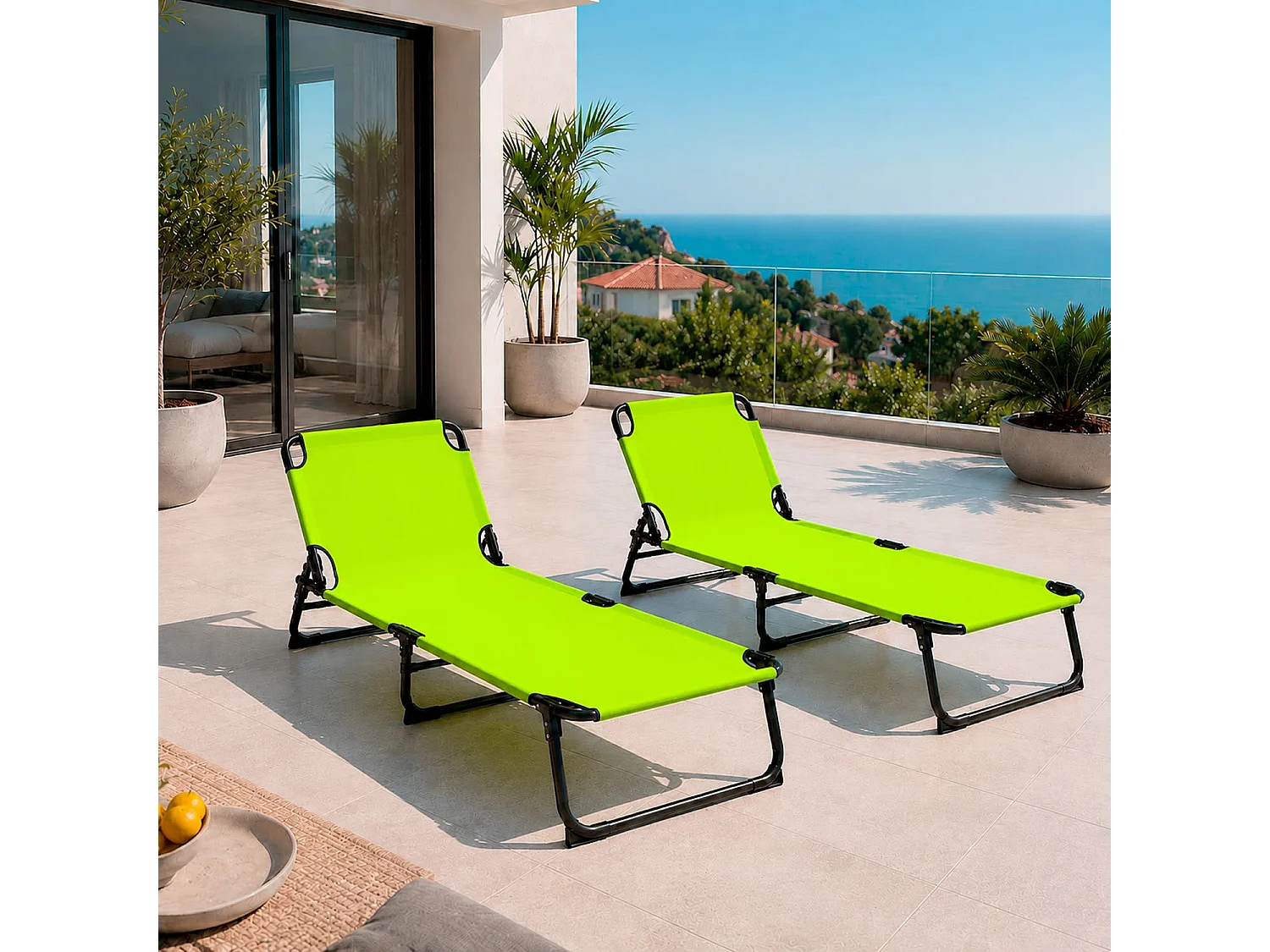 Coppia Di Lettini Pieghevoli Senza Tettuccio Parasole Schienale Reclinabile Struttura Metallo Nero Sedia Sdraio 187 x 53 x 24 Cm Verde Fluo