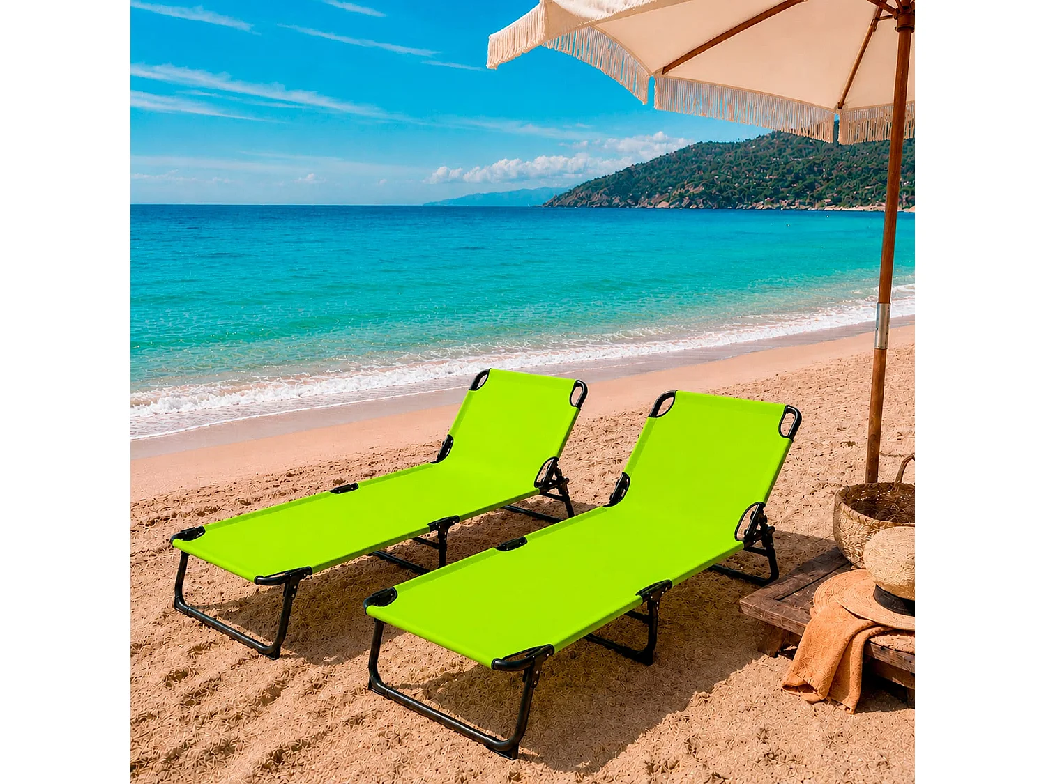 Coppia Di Lettini Pieghevoli Senza Tettuccio Parasole Schienale Reclinabile Struttura Metallo Nero Sedia Sdraio 187 x 53 x 24 Cm Verde Fluo