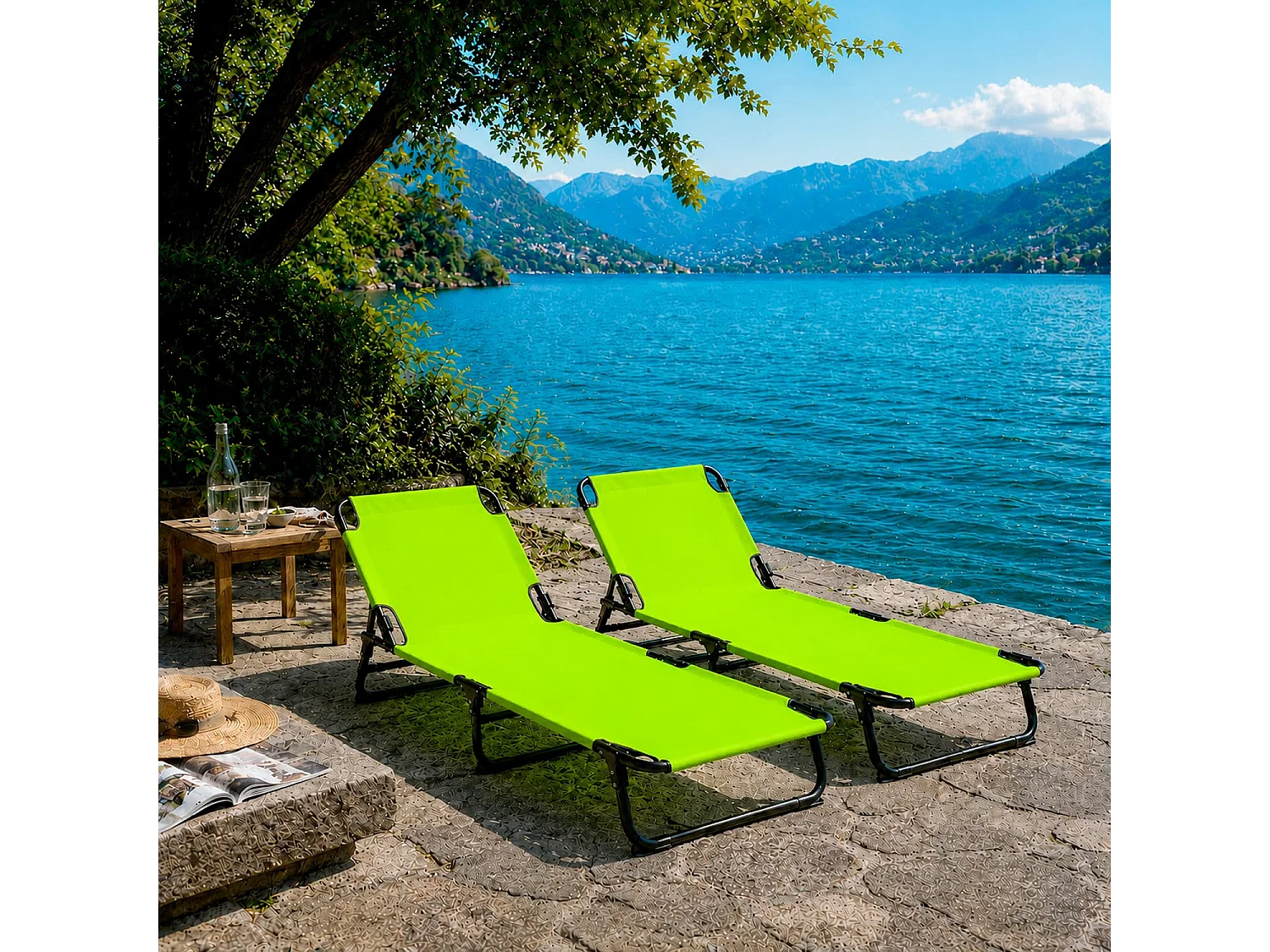 Coppia Di Lettini Pieghevoli Senza Tettuccio Parasole Schienale Reclinabile Struttura Metallo Nero Sedia Sdraio 187 x 53 x 24 Cm Verde Fluo