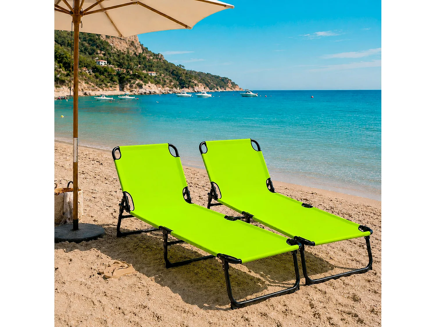 Coppia Di Lettini Pieghevoli Senza Tettuccio Parasole Schienale Reclinabile Struttura Metallo Nero Sedia Sdraio 187 x 53 x 24 Cm Verde Fluo