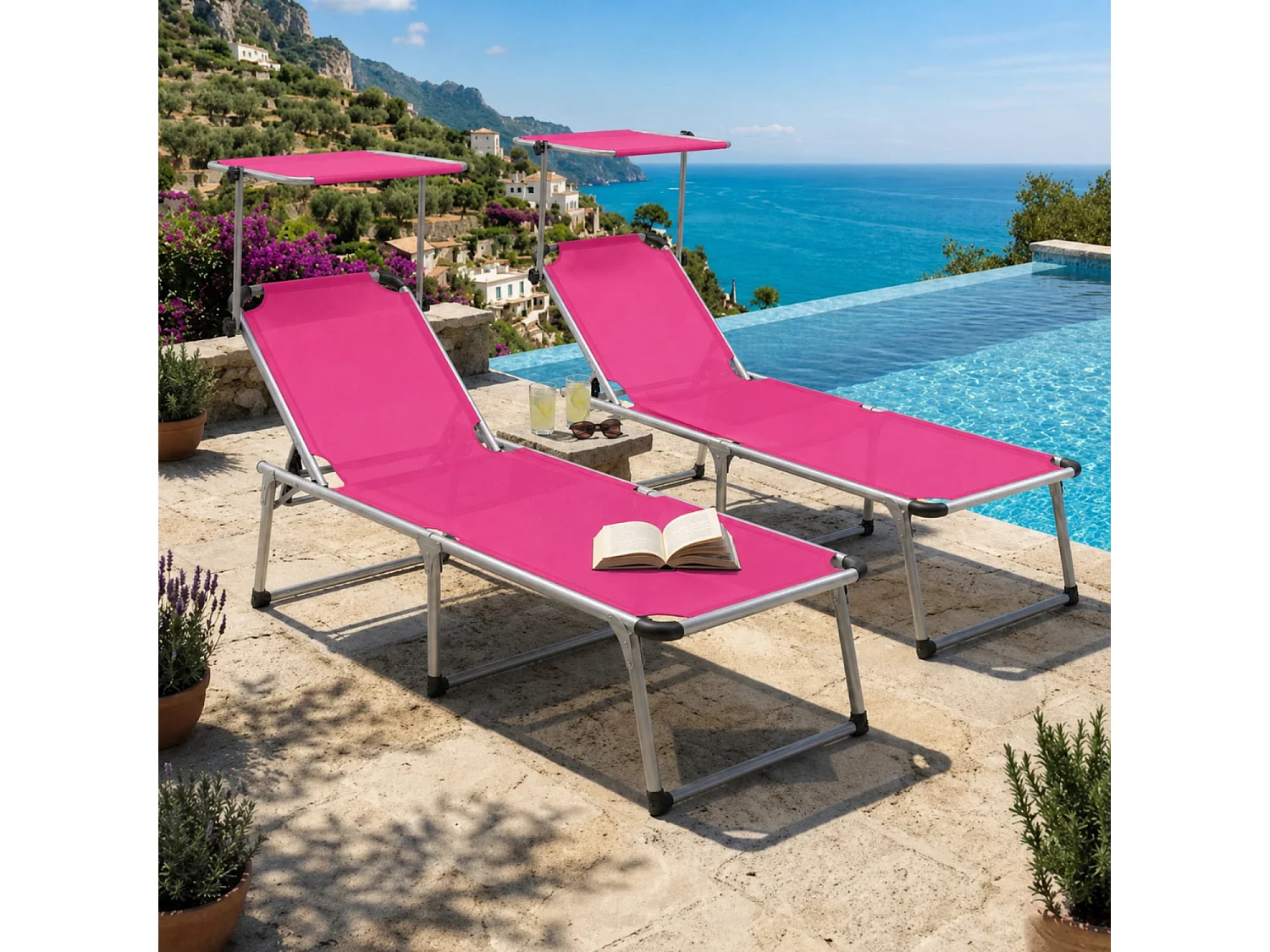 Prendisole Coppia Di Lettini Pieghevole Schienale Reclinabile Tettuccio Parasole Regolabile 6 Posizioni Struttura In Alluminio Piscina 187 x 59 x 29 Cm Rosa