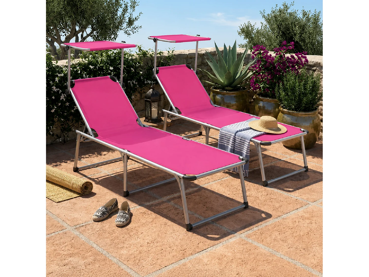Prendisole Coppia Di Lettini Pieghevole Schienale Reclinabile Tettuccio Parasole Regolabile 6 Posizioni Struttura In Alluminio Piscina 187 x 59 x 29 Cm Rosa