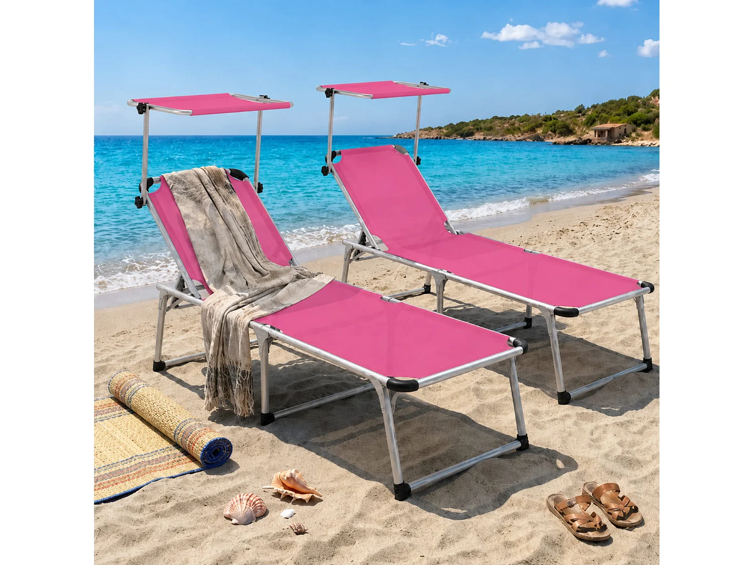 Prendisole Coppia Di Lettini Pieghevole Schienale Reclinabile Tettuccio Parasole Regolabile 6 Posizioni Struttura In Alluminio Piscina 187 x 59 x 29 Cm Rosa