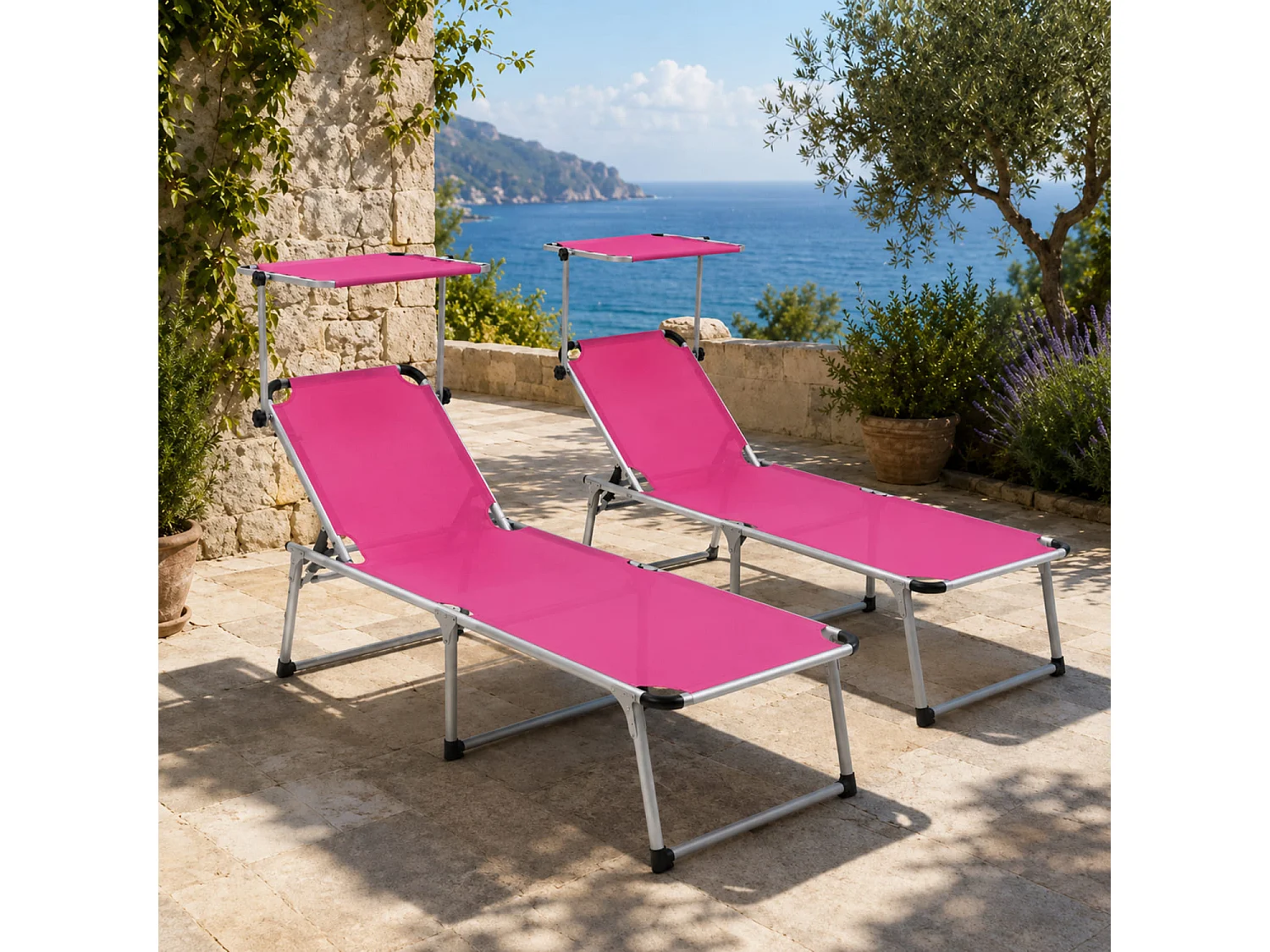 Prendisole Coppia Di Lettini Pieghevole Schienale Reclinabile Tettuccio Parasole Regolabile 6 Posizioni Struttura In Alluminio Piscina 187 x 59 x 29 Cm Rosa