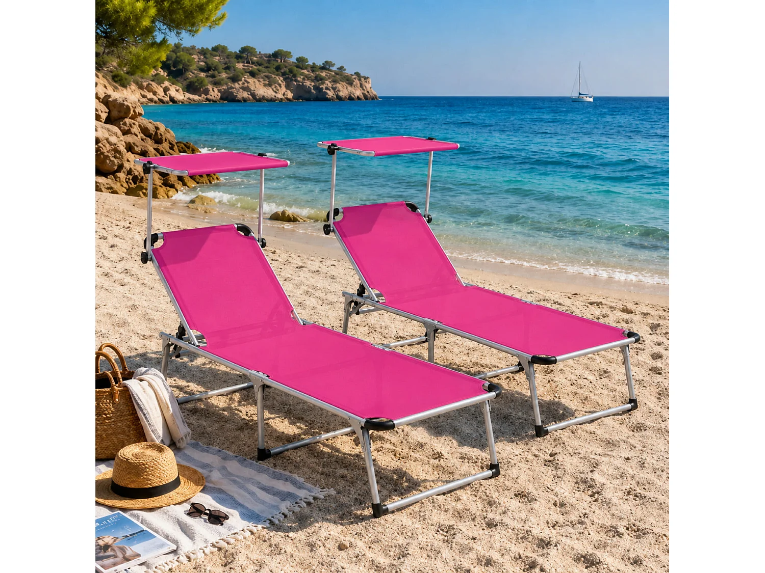 Prendisole Coppia Di Lettini Pieghevole Schienale Reclinabile Tettuccio Parasole Regolabile 6 Posizioni Struttura In Alluminio Piscina 187 x 59 x 29 Cm Rosa