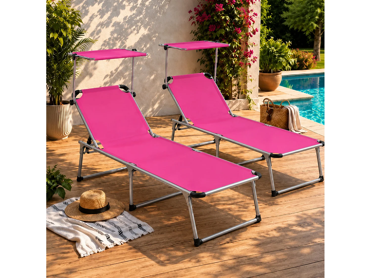 Prendisole Coppia Di Lettini Pieghevole Schienale Reclinabile Tettuccio Parasole Regolabile 6 Posizioni Struttura In Alluminio Piscina 187 x 59 x 29 Cm Rosa
