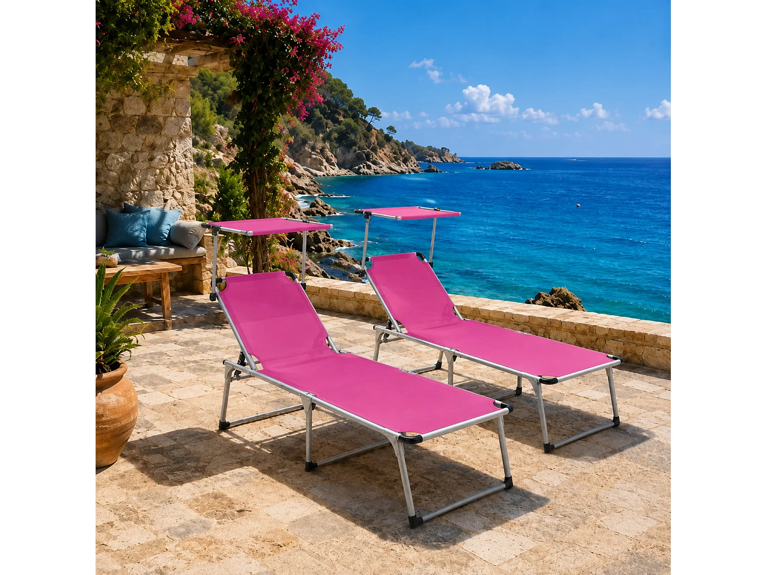 Prendisole Coppia Di Lettini Pieghevole Schienale Reclinabile Tettuccio Parasole Regolabile 6 Posizioni Struttura In Alluminio Piscina 187 x 59 x 29 Cm Rosa