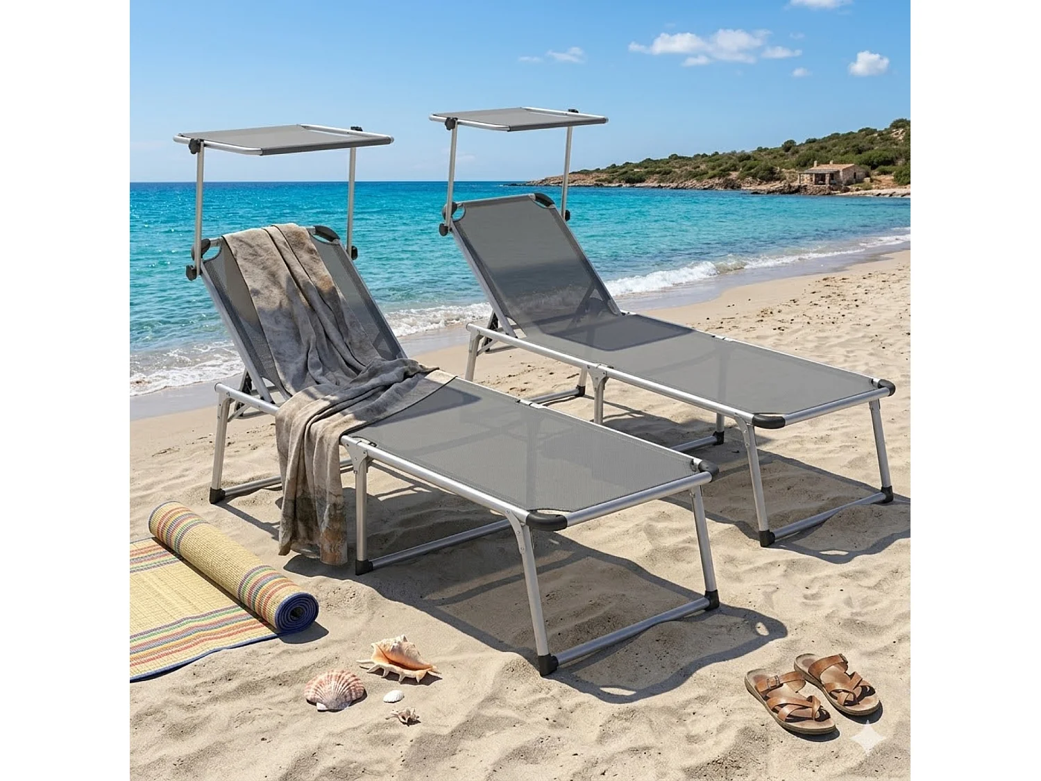 Set Di Lettini Prendisole Pieghevoli Con Tettuccio Parasole Schienale Regolabile 6 Posizioni In Alluminio Giardino Piscina 187 x 59 x 29 Cm Grigio Scuro