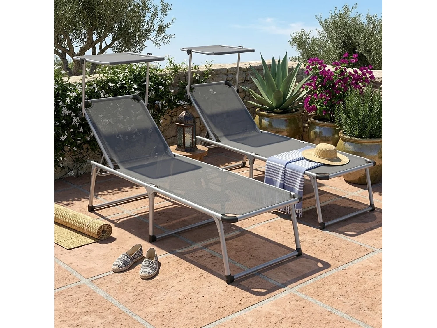 Set Di Lettini Prendisole Pieghevoli Con Tettuccio Parasole Schienale Regolabile 6 Posizioni In Alluminio Giardino Piscina 187 x 59 x 29 Cm Grigio Scuro