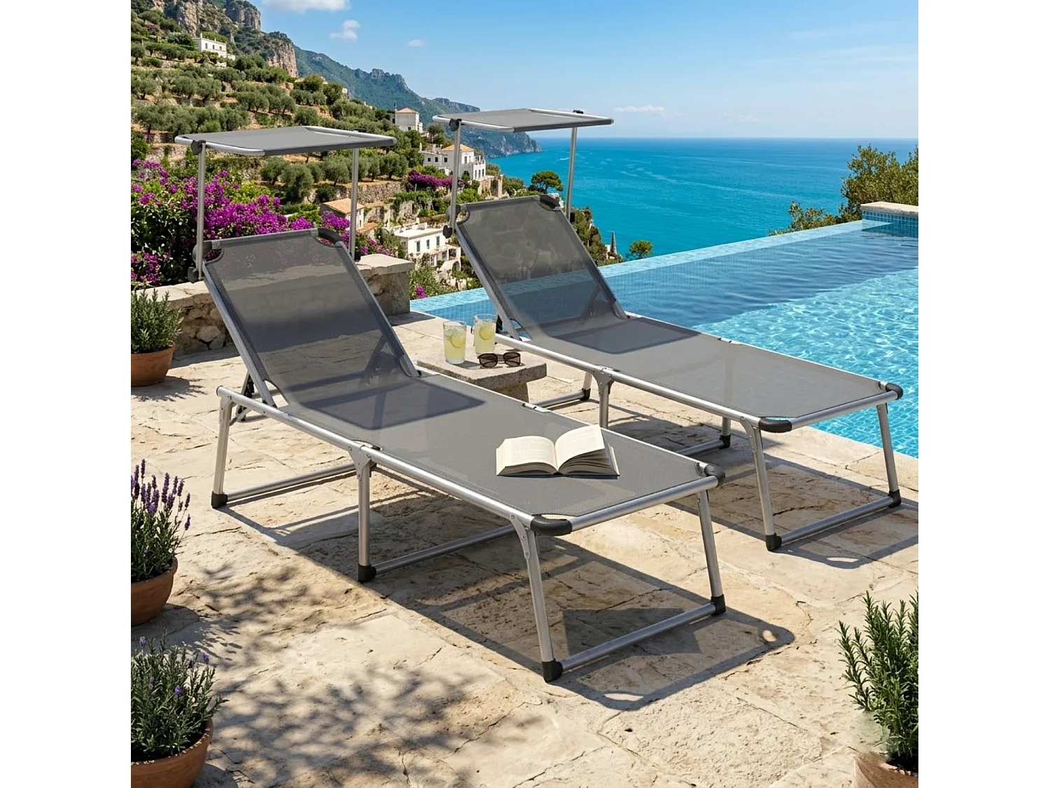 Set Di Lettini Prendisole Pieghevoli Con Tettuccio Parasole Schienale Regolabile 6 Posizioni In Alluminio Giardino Piscina 187 x 59 x 29 Cm Grigio Scuro