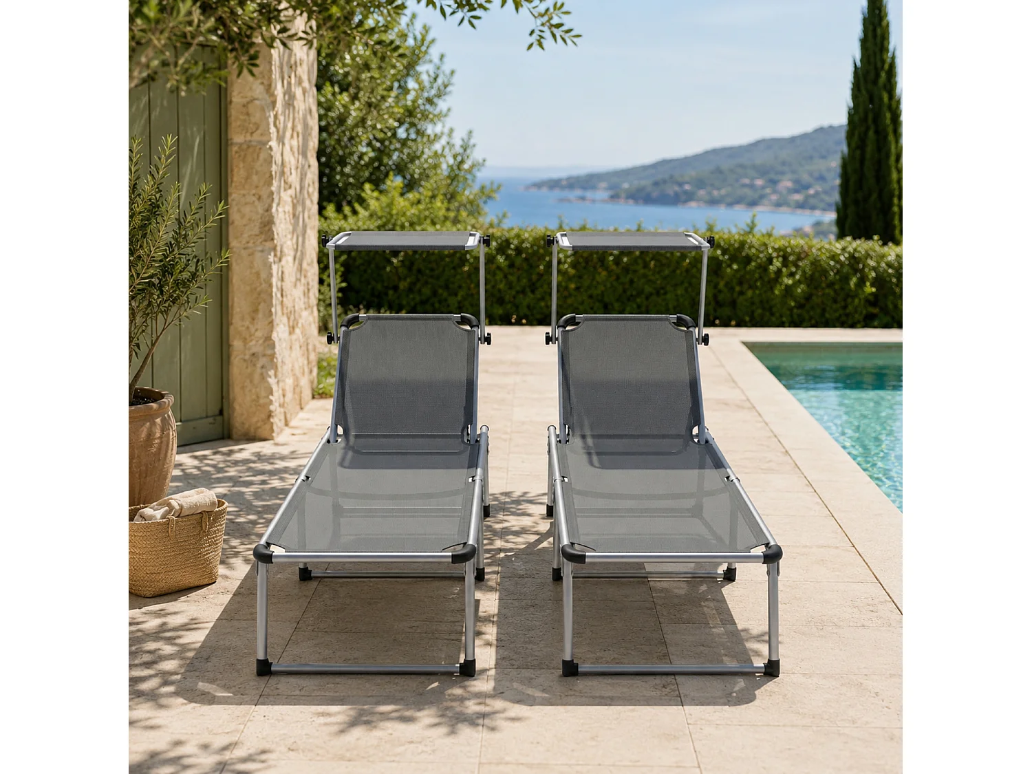 Set Di Lettini Prendisole Pieghevoli Con Tettuccio Parasole Schienale Regolabile 6 Posizioni In Alluminio Giardino Piscina 187 x 59 x 29 Cm Grigio Scuro