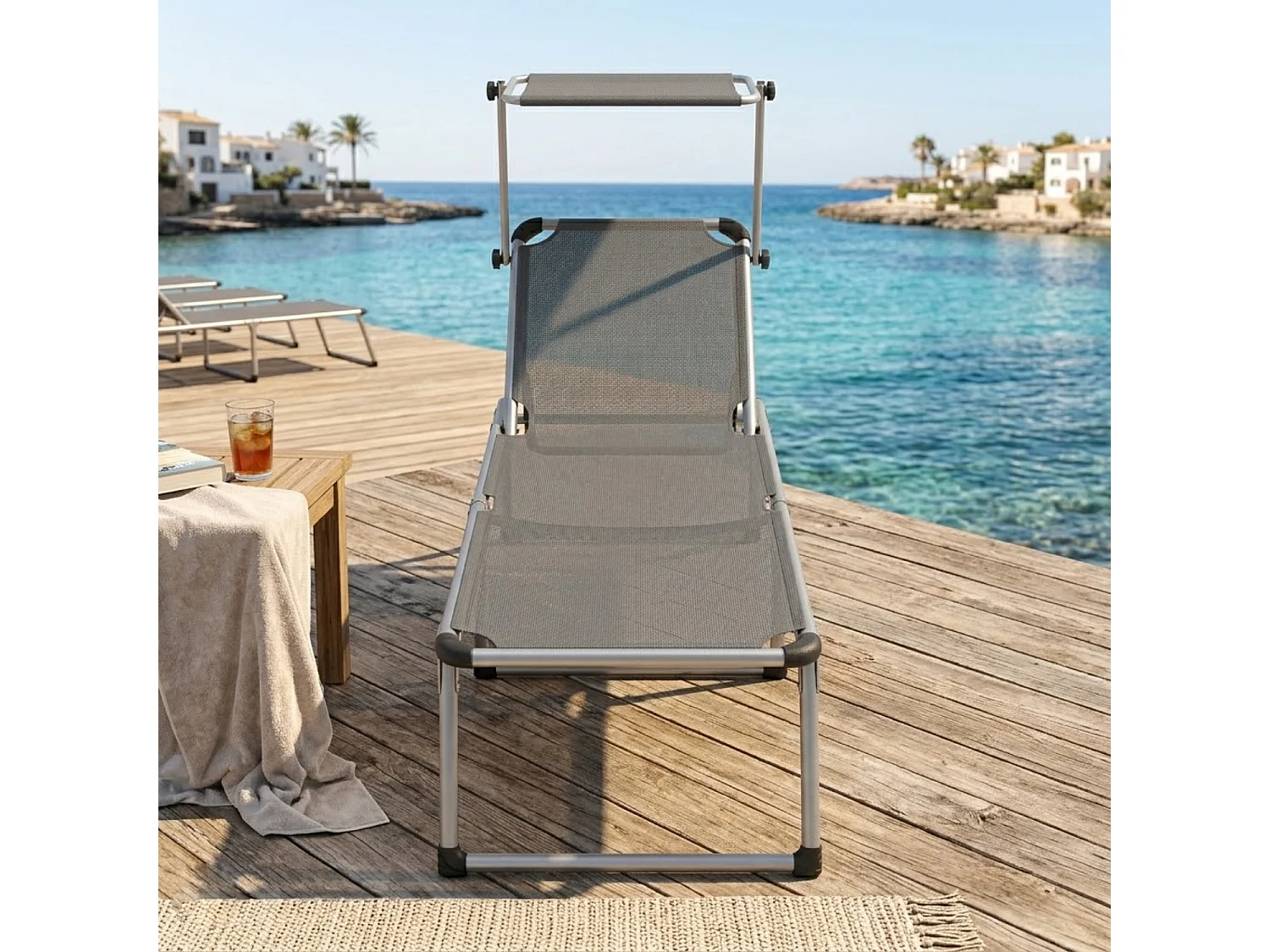 Lettino Pieghevole Con Tettuccio Parasole Schienale Reclinabile Regolabile In 6 Posizioni Per Spiaggia Mare Giardino Piscina 187 x 59 x 29 Cm Grigio Scuro