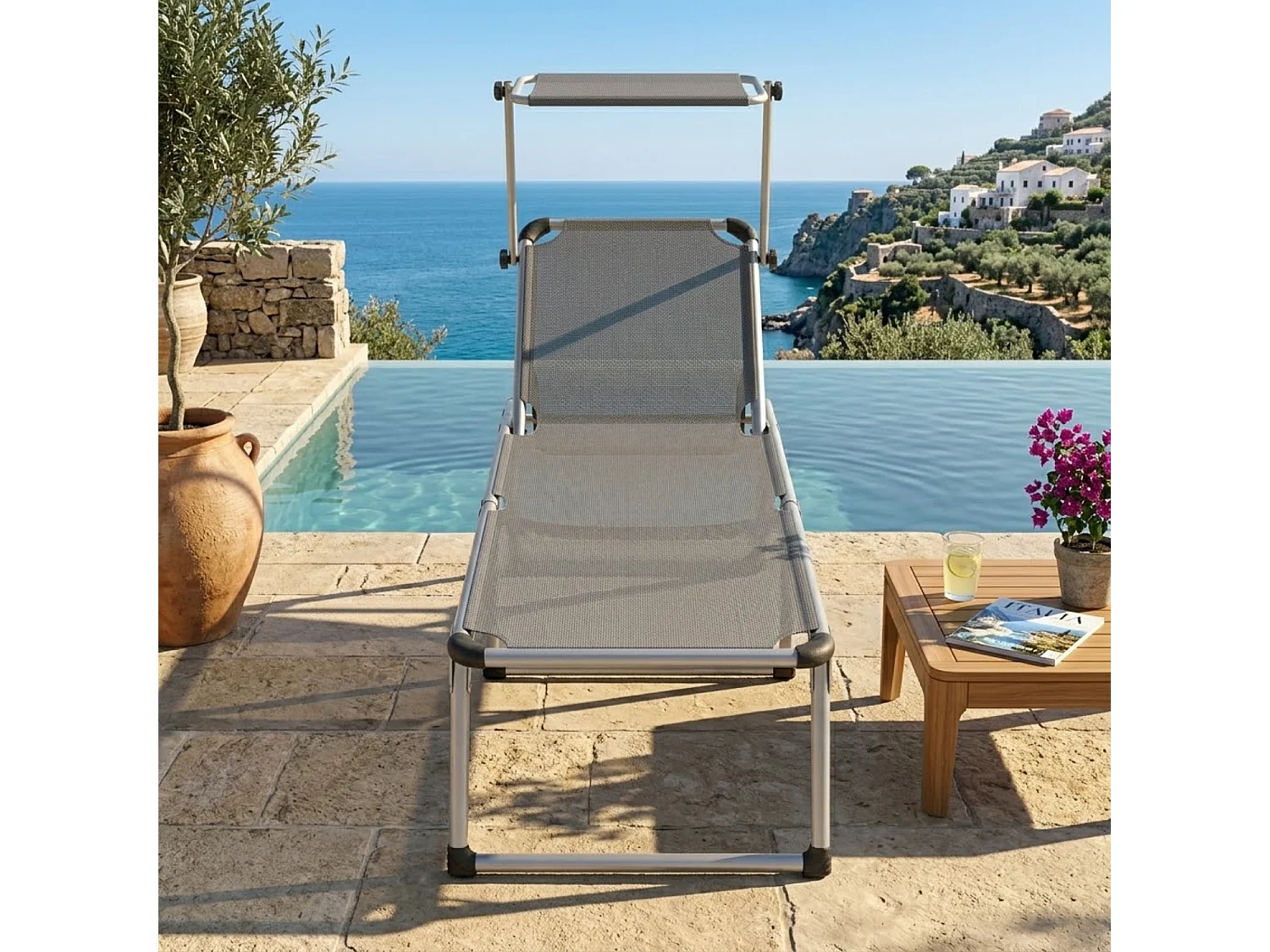 Lettino Pieghevole Con Tettuccio Parasole Schienale Reclinabile Regolabile In 6 Posizioni Per Spiaggia Mare Giardino Piscina 187 x 59 x 29 Cm Grigio Scuro