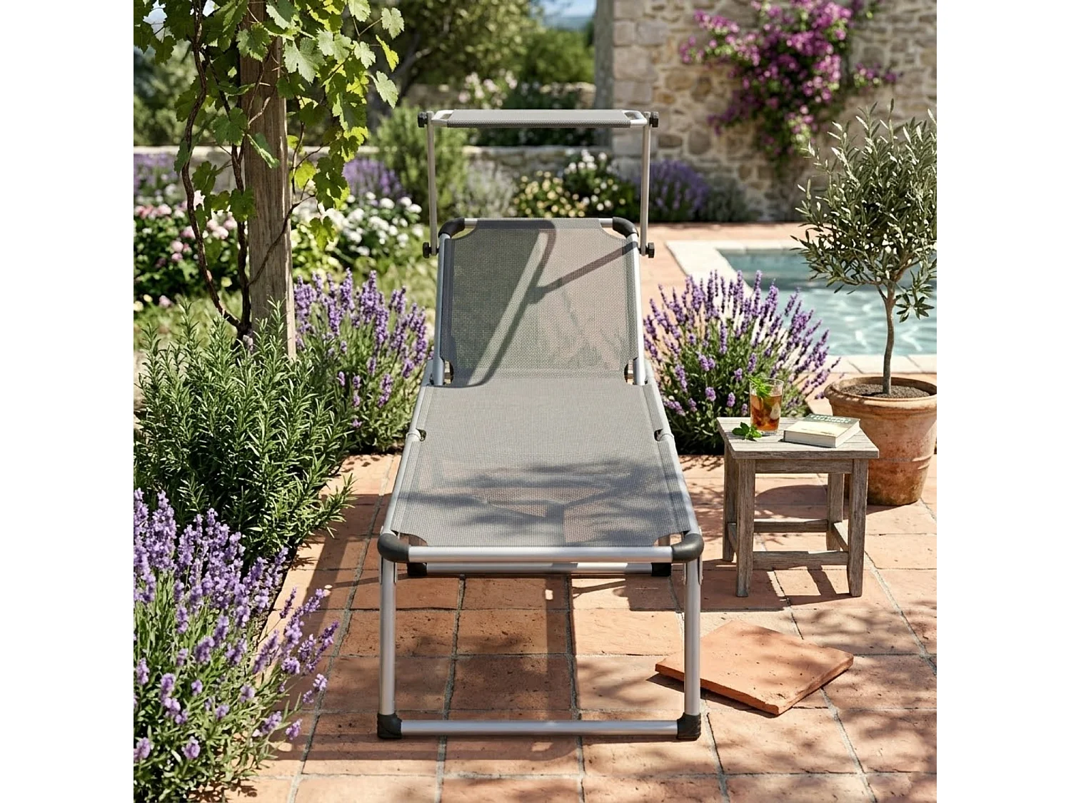 Lettino Pieghevole Con Tettuccio Parasole Schienale Reclinabile Regolabile In 6 Posizioni Per Spiaggia Mare Giardino Piscina 187 x 59 x 29 Cm Grigio Scuro