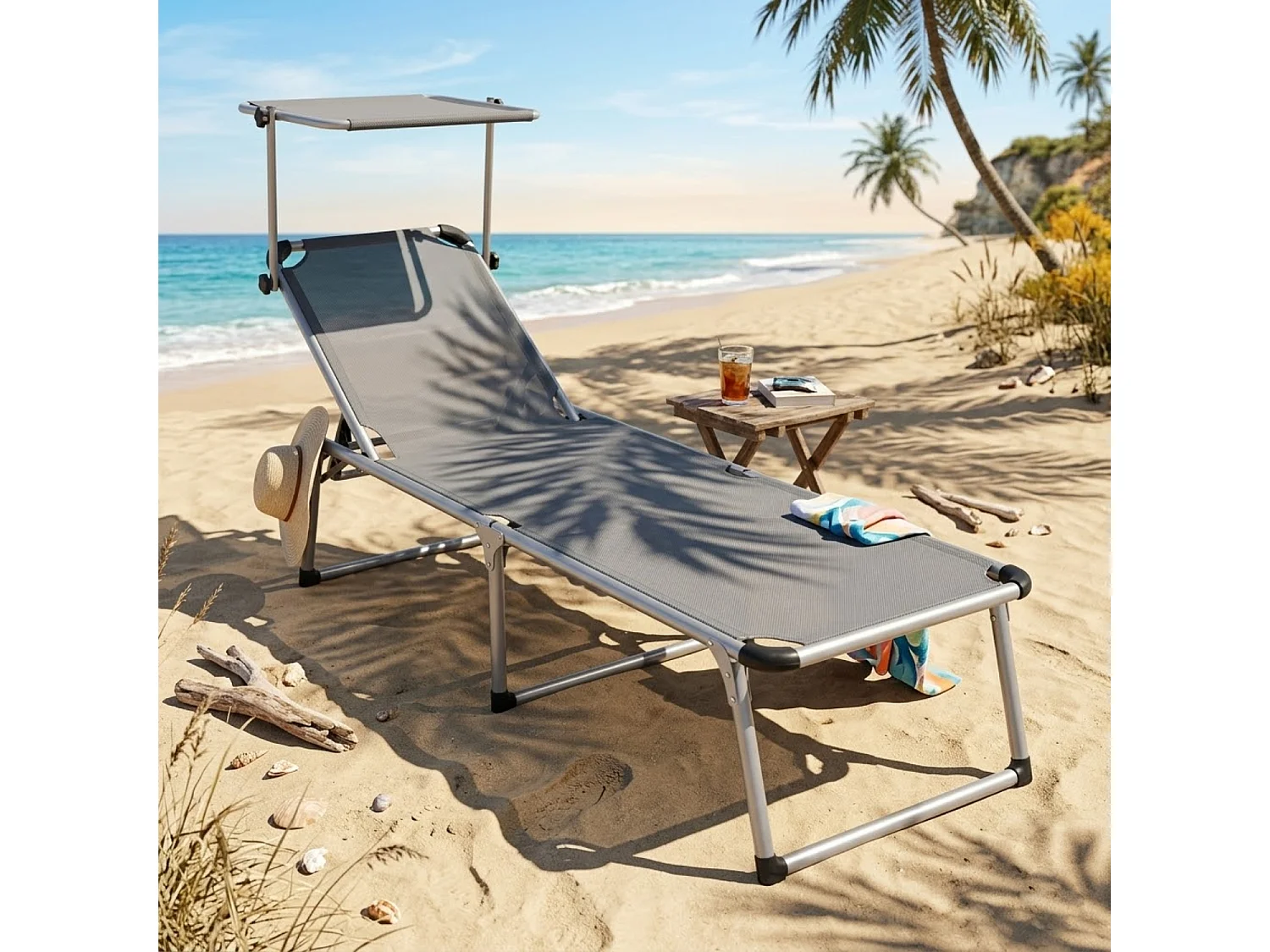 Lettino Pieghevole Con Tettuccio Parasole Schienale Reclinabile Regolabile In 6 Posizioni Per Spiaggia Mare Giardino Piscina 187 x 59 x 29 Cm Grigio Scuro