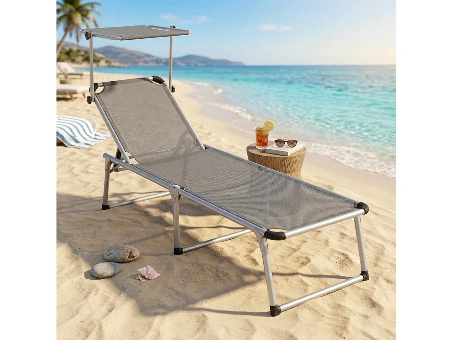 Lettino Pieghevole Con Tettuccio Parasole Schienale Reclinabile Regolabile In 6 Posizioni Per Spiaggia Mare Giardino Piscina 187 x 59 x 29 Cm Grigio Scuro