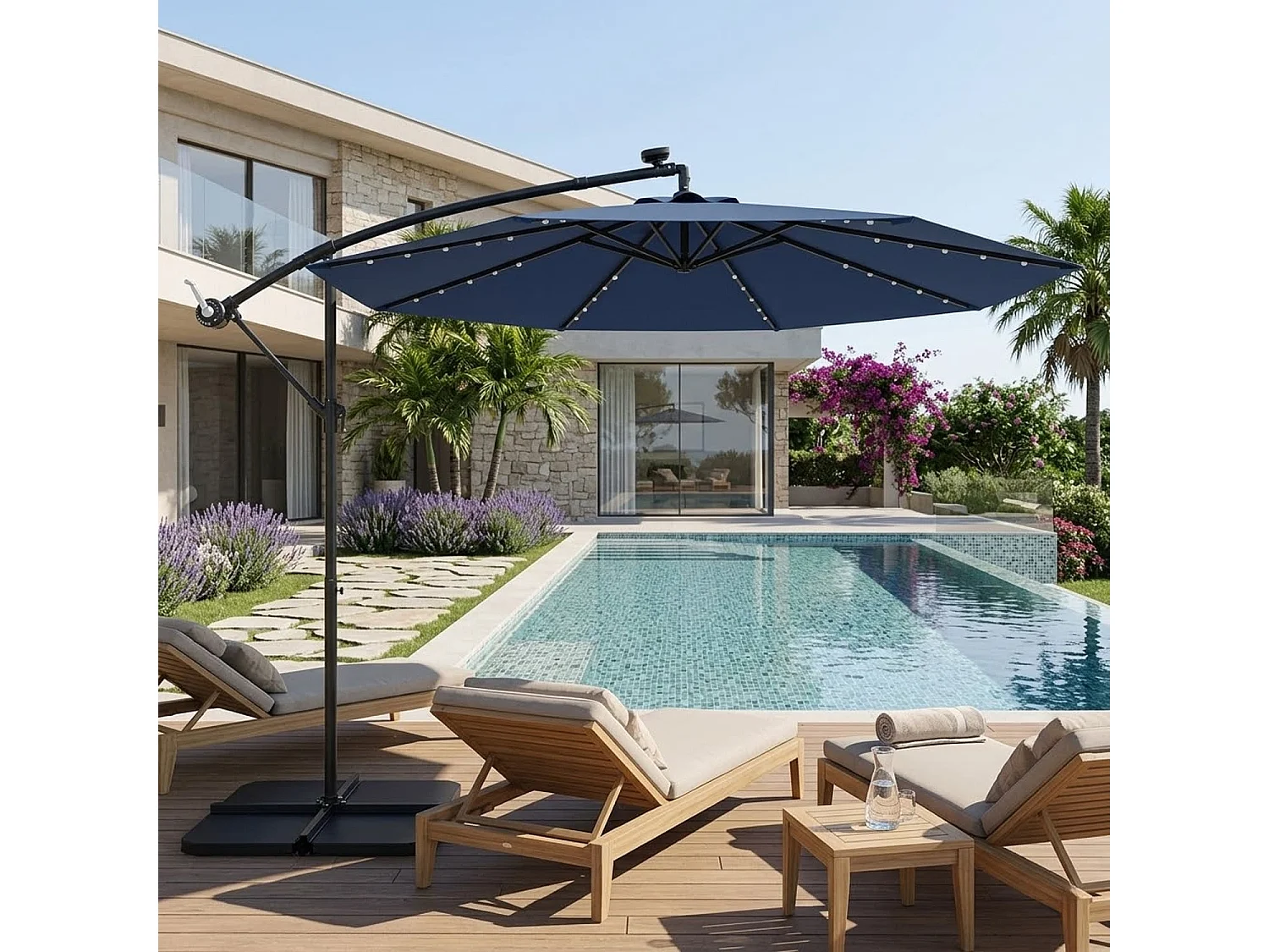 Ombrellone Decentrato 3x3 Metri Con Luci LED Solari Inclinabile Con Manovella Camino Antivento Zona Ombra Per Giardino Terrazza Patio E Piscina 300x250 Cm Blu