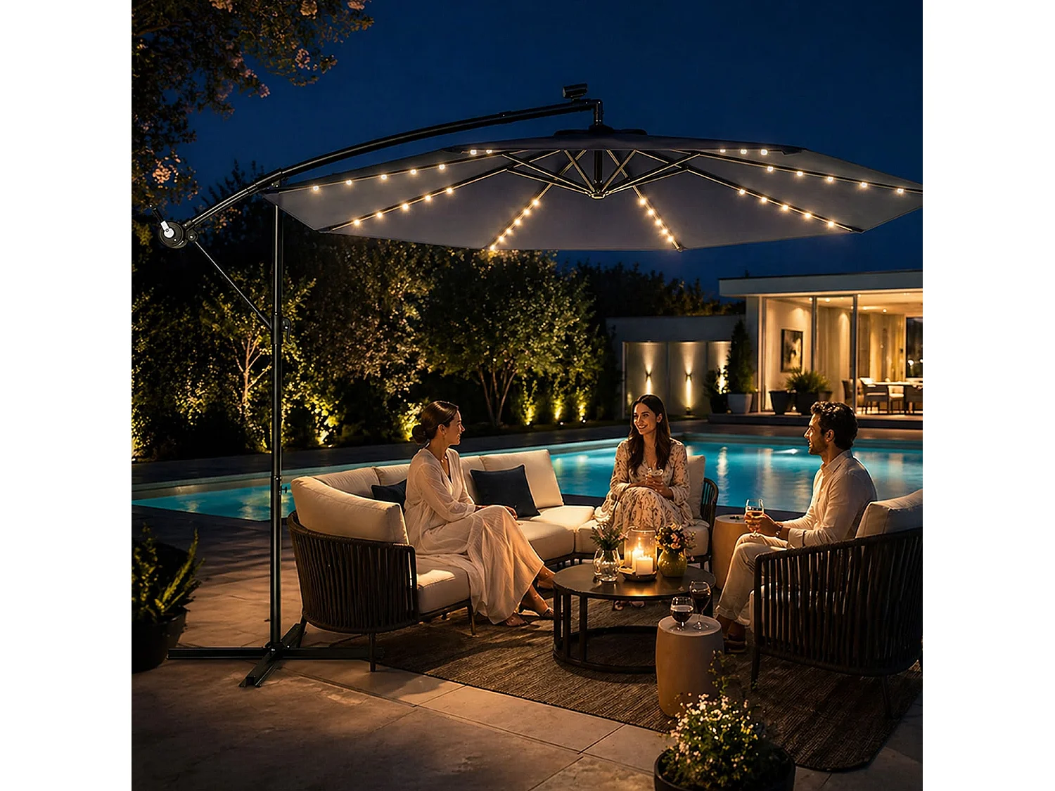Ombrellone Decentrato 3x3 Metri Con Luci LED Solari Inclinabile Con Manovella Camino Antivento Zona Ombra Per Giardino Terrazza Patio E Piscina 300x250 Cm Blu