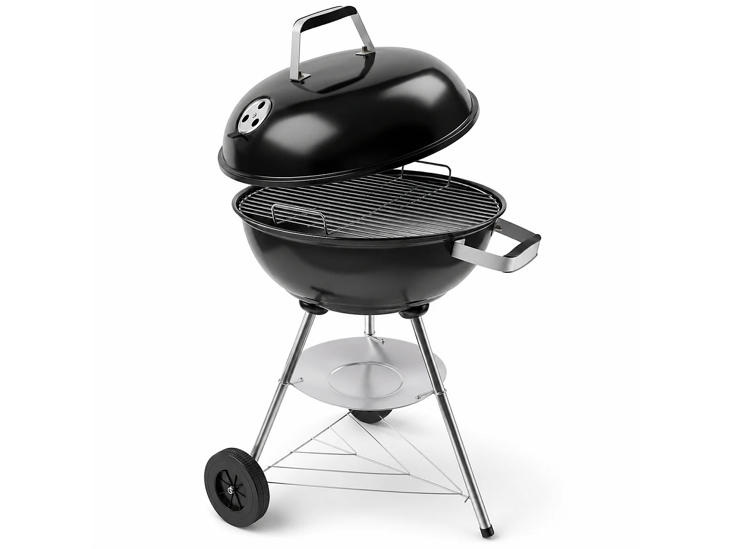 Barbecue A Carbone Con Coperchio Sistema Ventilazione Regolabile Griglia Acciaio Cromato Ruote Trasporto Per Giardino Campeggio Terrazza 51 x 46.5 x 78 Cm Nero