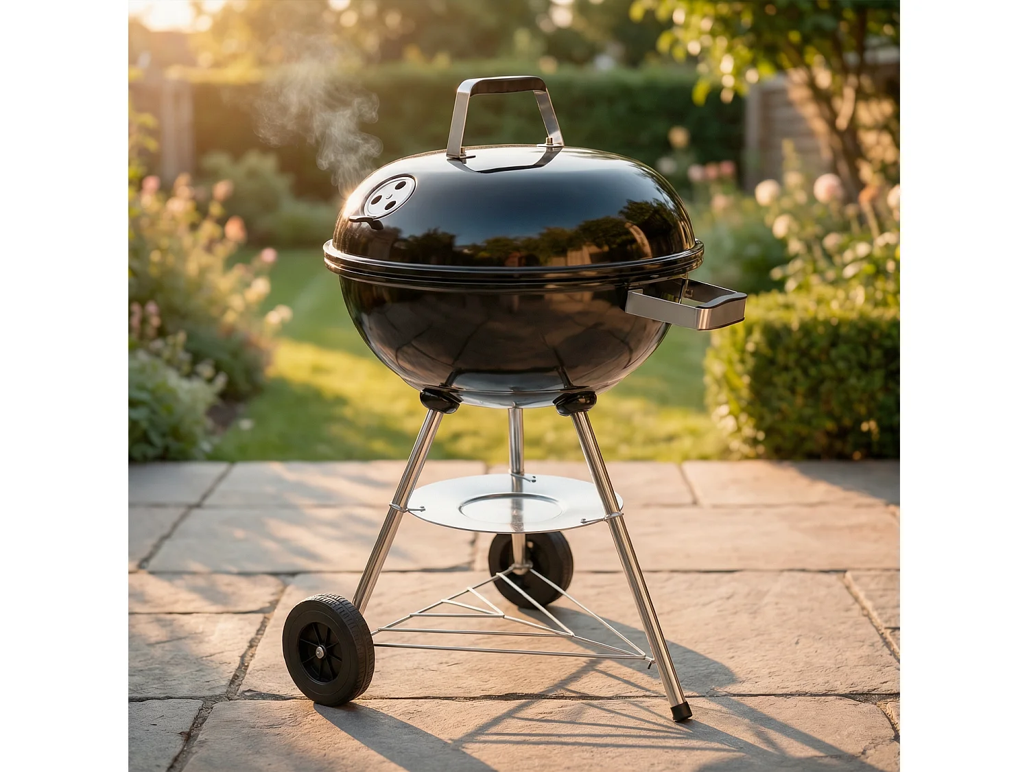 Barbecue A Carbone Con Coperchio Sistema Ventilazione Regolabile Griglia Acciaio Cromato Ruote Trasporto Per Giardino Campeggio Terrazza 51 x 46.5 x 78 Cm Nero