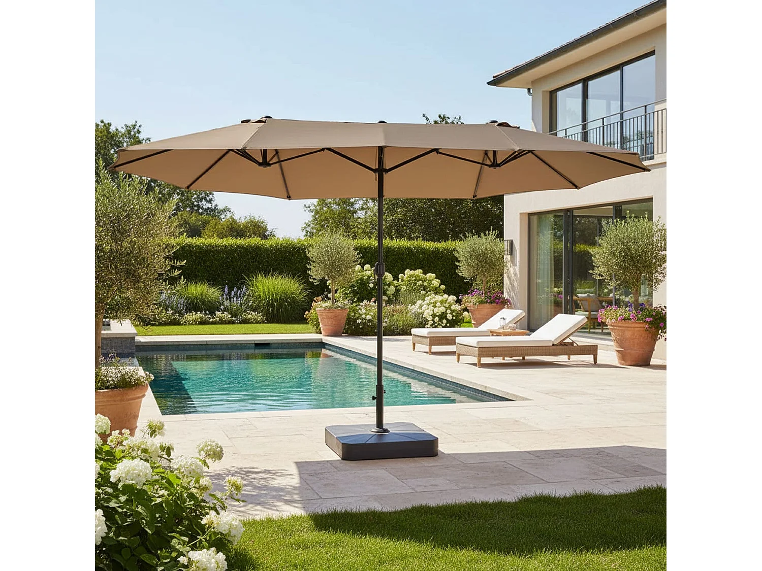 Ombrellone Doppio Da Giardino Parasole 4.6 x 2.4 M Per Esterno Piscina Terrazzo Con Palo In Acciaio E Tessuto In Poliestere Apertura A Manovella Colore Caffè