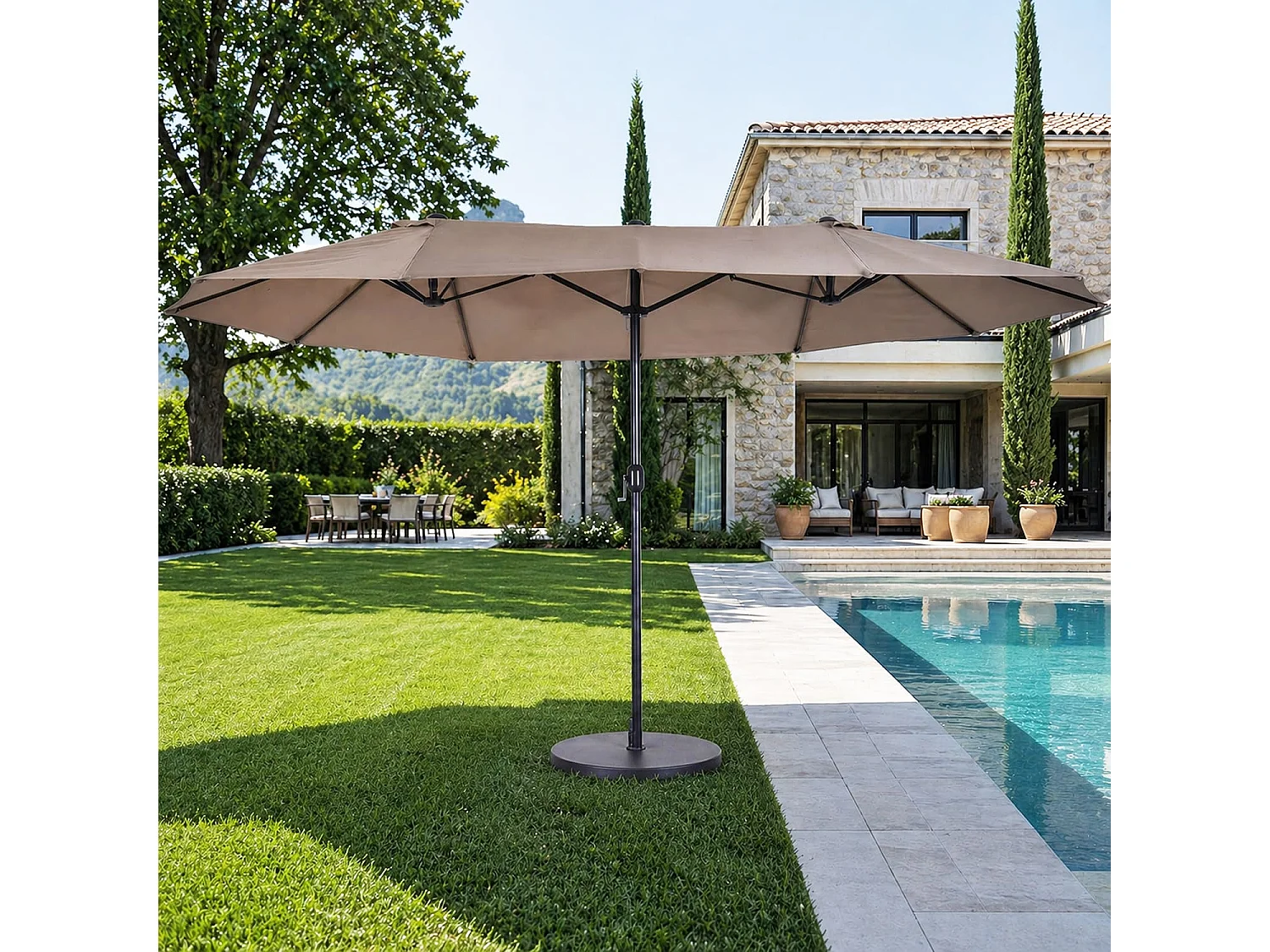 Ombrellone Doppio Da Giardino Parasole 4.6 x 2.4 M Per Esterno Piscina Terrazzo Con Palo In Acciaio E Tessuto In Poliestere Apertura A Manovella Colore Caffè