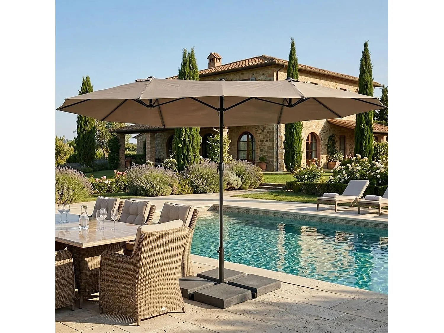 Ombrellone Doppio Da Giardino Parasole 4.6 x 2.4 M Per Esterno Piscina Terrazzo Con Palo In Acciaio E Tessuto In Poliestere Apertura A Manovella Colore Caffè