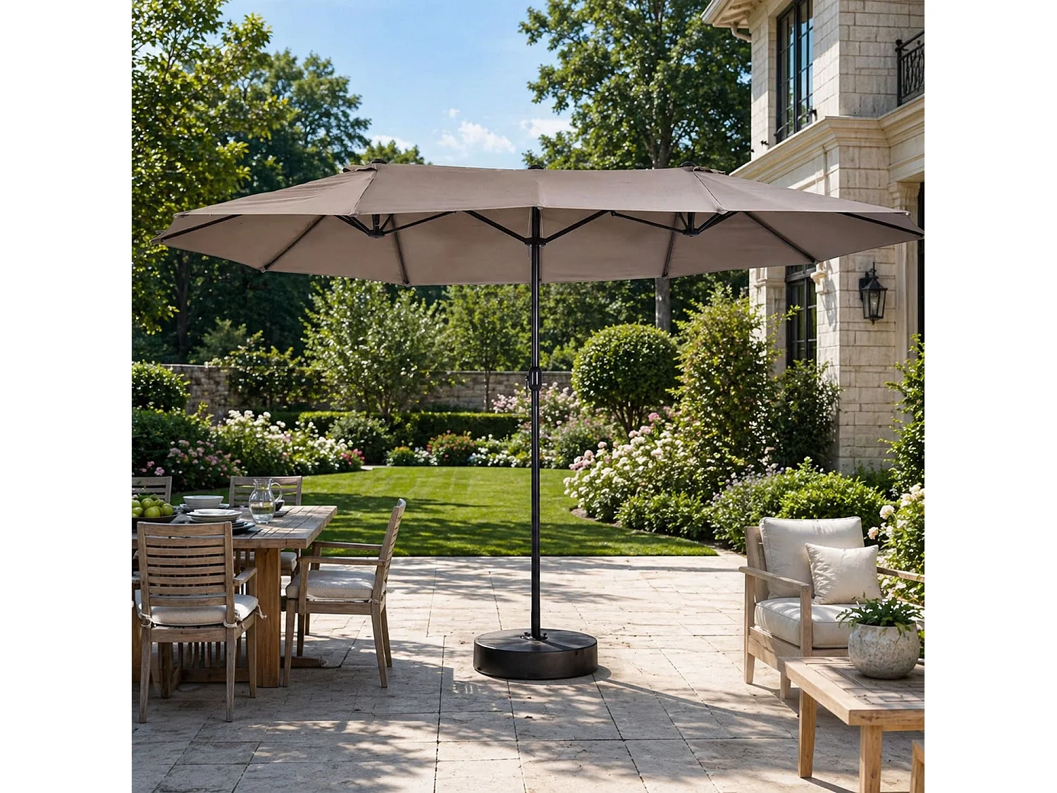 Ombrellone Doppio Da Giardino Parasole 4.6 x 2.4 M Per Esterno Piscina Terrazzo Con Palo In Acciaio E Tessuto In Poliestere Apertura A Manovella Colore Caffè