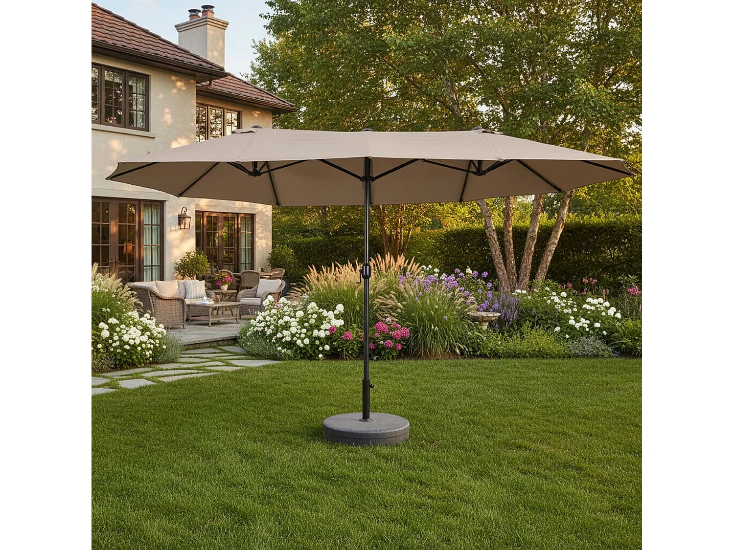 Ombrellone Doppio Da Giardino Parasole 4.6 x 2.4 M Per Esterno Piscina Terrazzo Con Palo In Acciaio E Tessuto In Poliestere Apertura A Manovella Colore Caffè