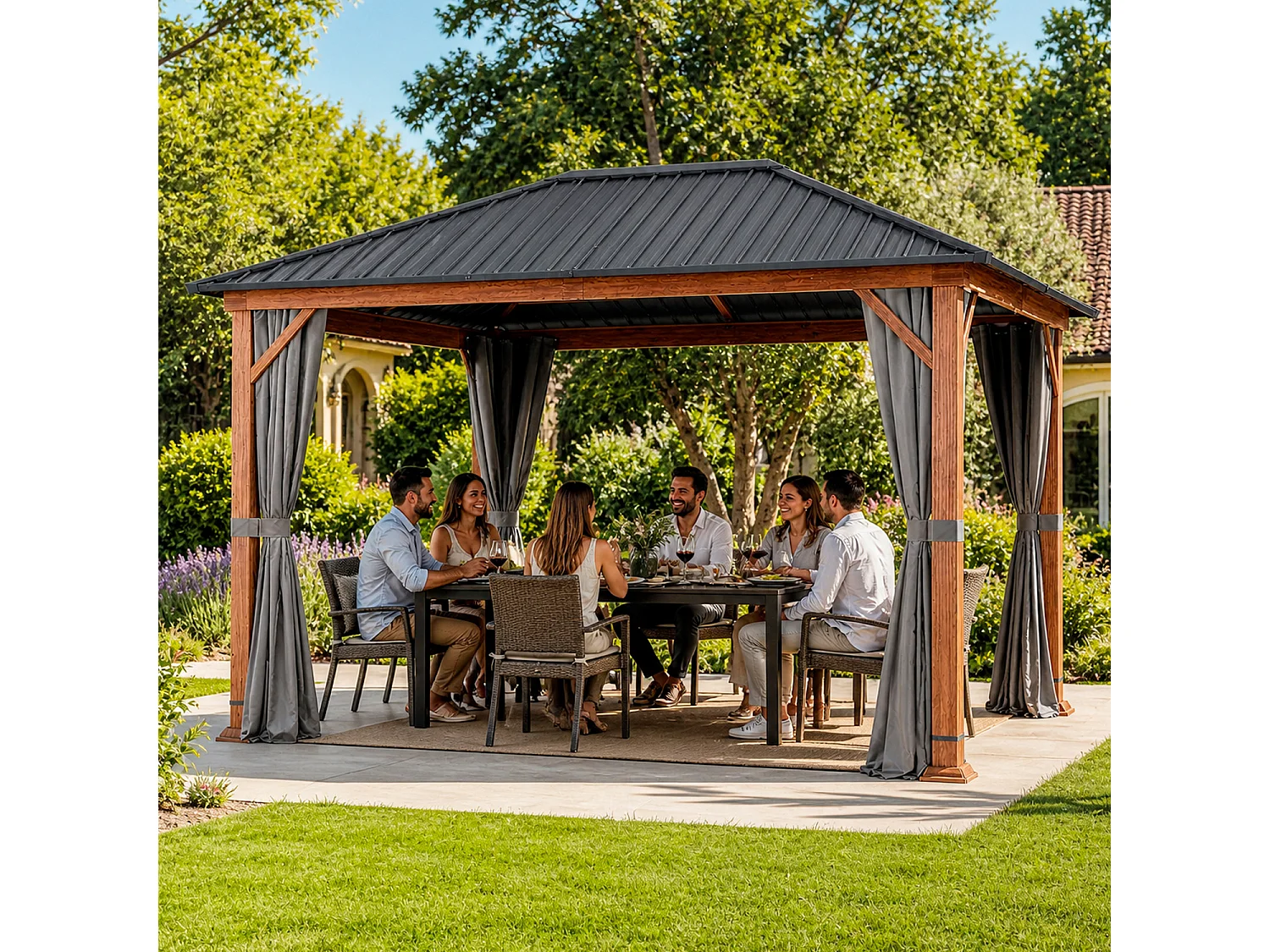 Gazebo Da Giardino Metri Con Copertura In Acciaio Zincato Struttura Decorazione Effetto Legno E Tende Laterali Impermeabili Per Patio Effetto Legno E Grigio