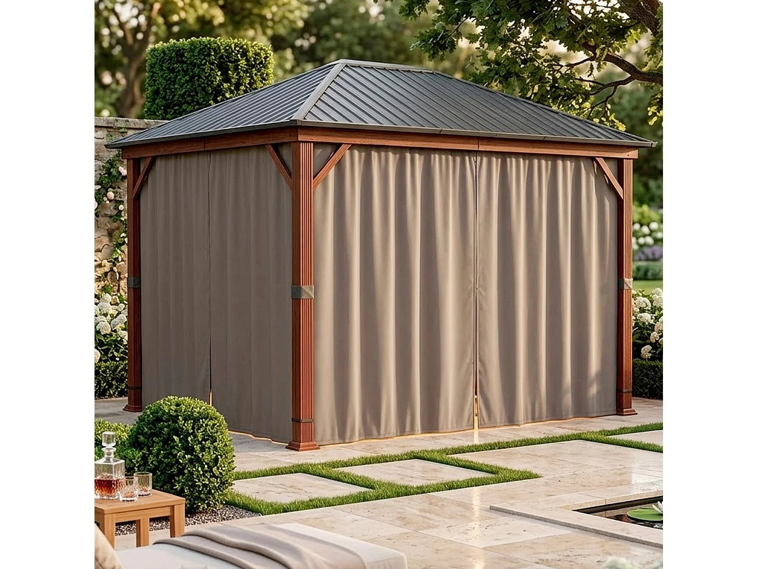 Gazebo Da Giardino Metri Con Copertura In Acciaio Zincato Struttura Decorazione Effetto Legno E Tende Laterali Impermeabili Per Patio Effetto Legno E Grigio